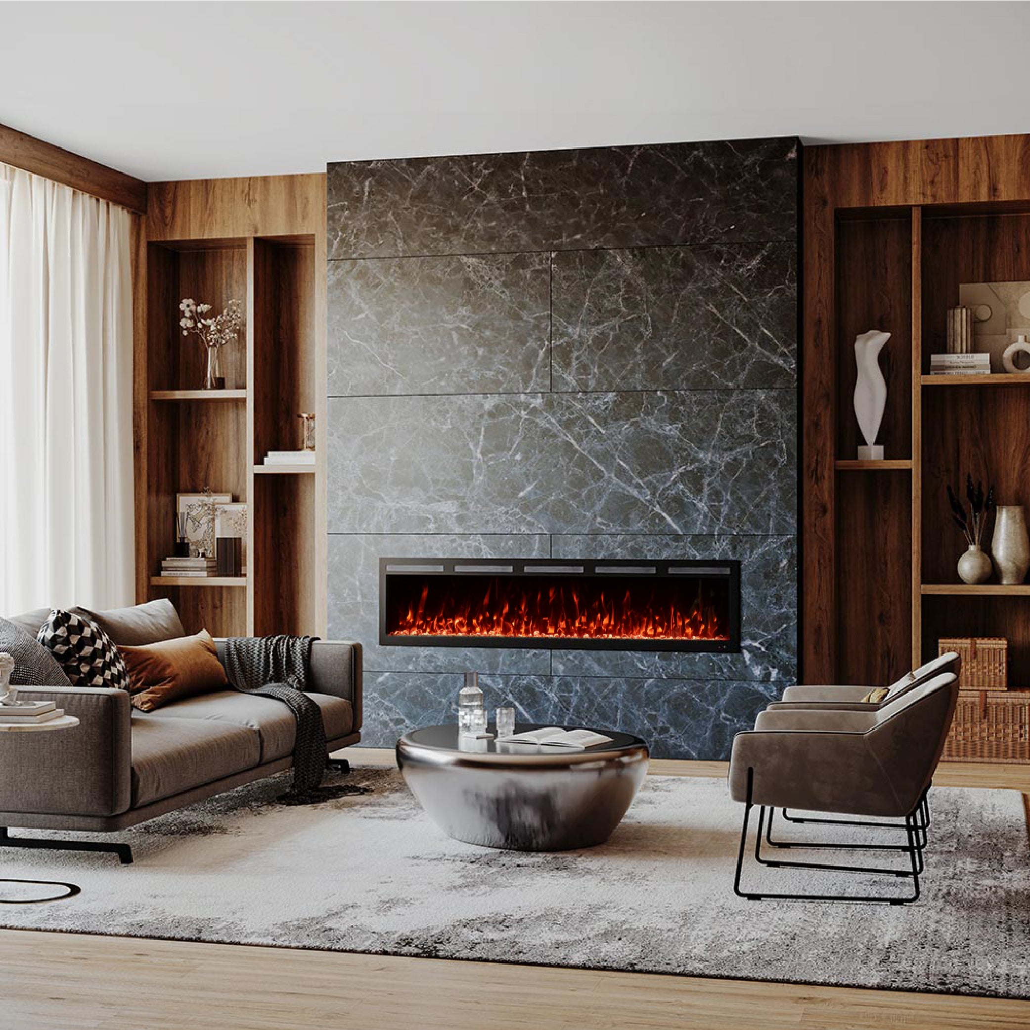 Angled view of the 72 inch Vibrance Fireplace in a modern living room setup.