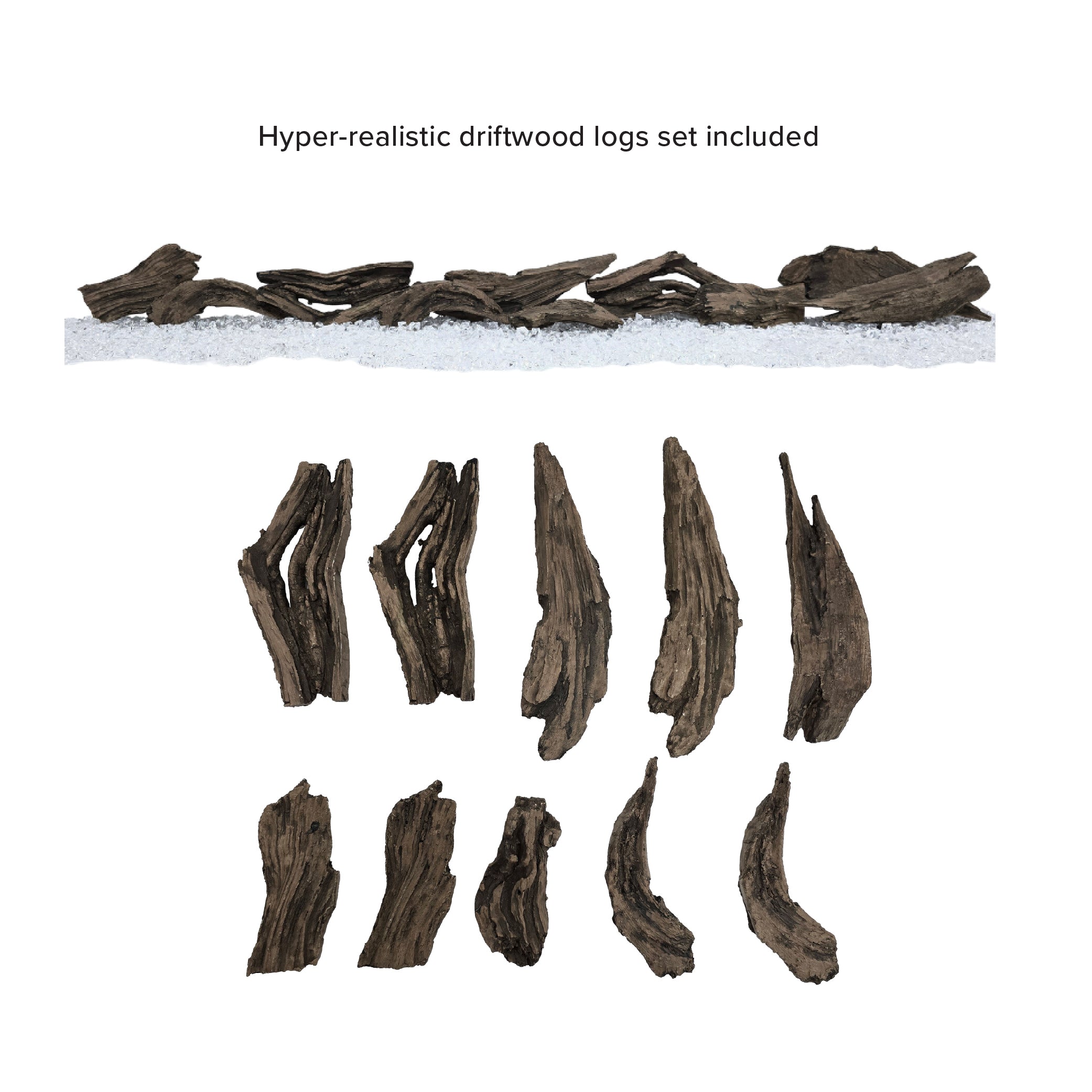 Close-up of the sculpted hand-painted driftwood logs and crystal embers media inside the firebox.