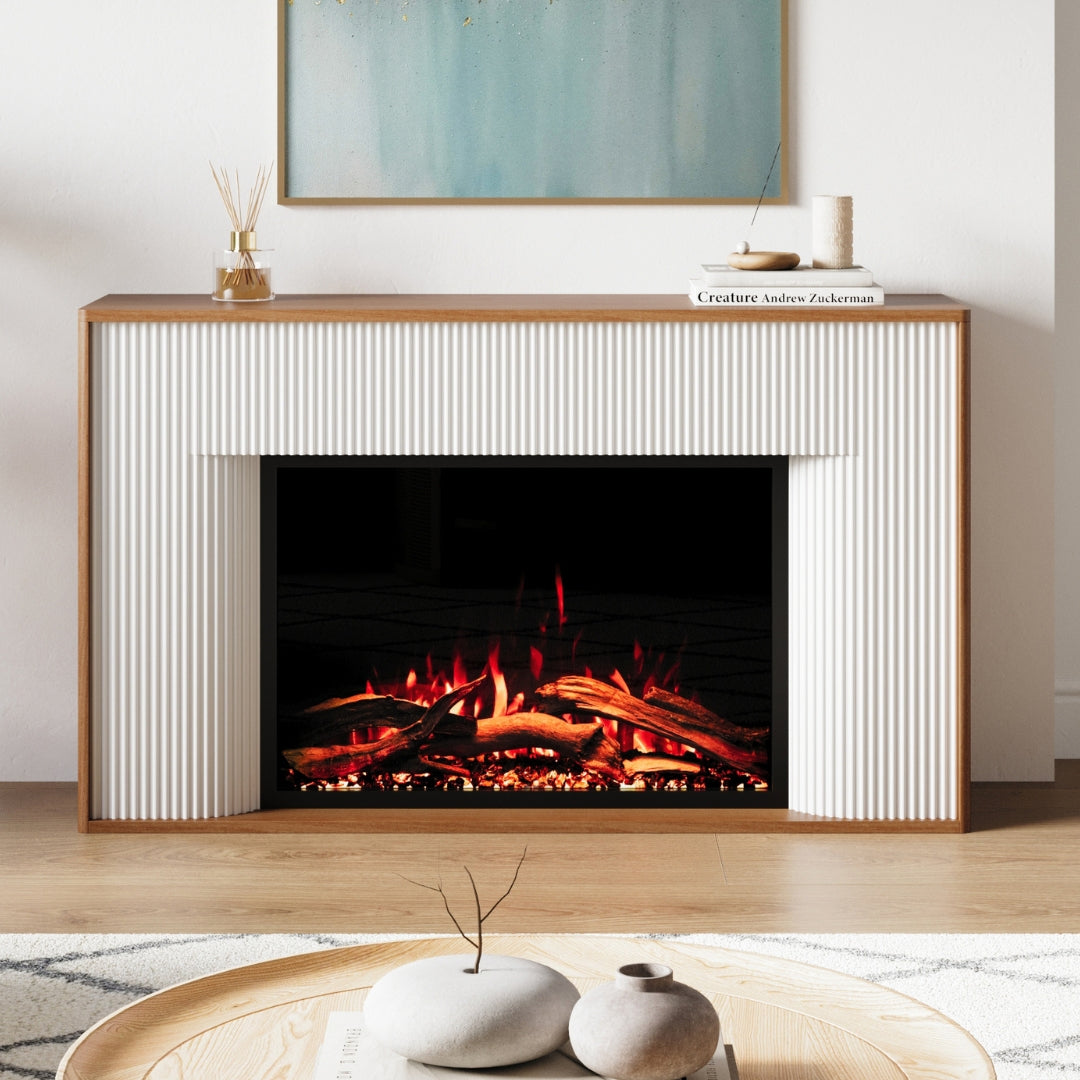 Modern Ember Arrie Electric fireplace with white mantel package