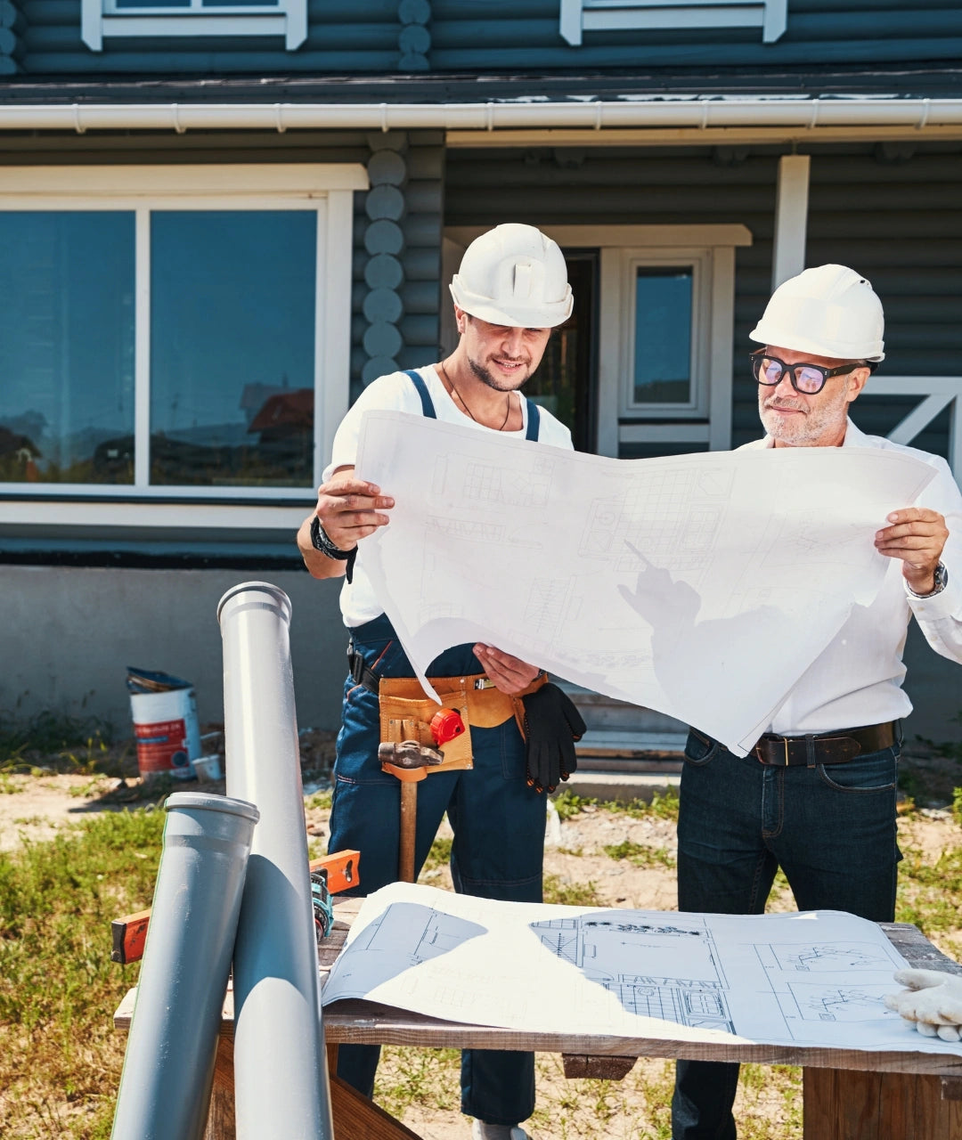 Two contractors in white hard hats and work clothes review large blueprints spread out on a table in front of a house exterior.
