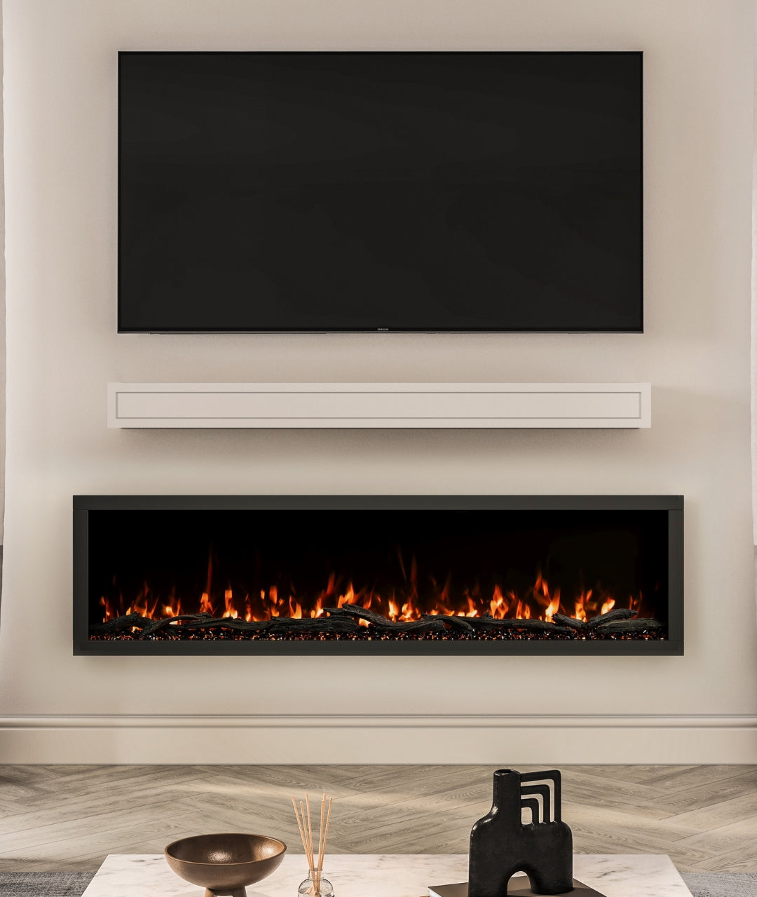 straight on view of Modern Ember electric fireplace insert in modern living room with tv above and white modern floating mantel shelf.
