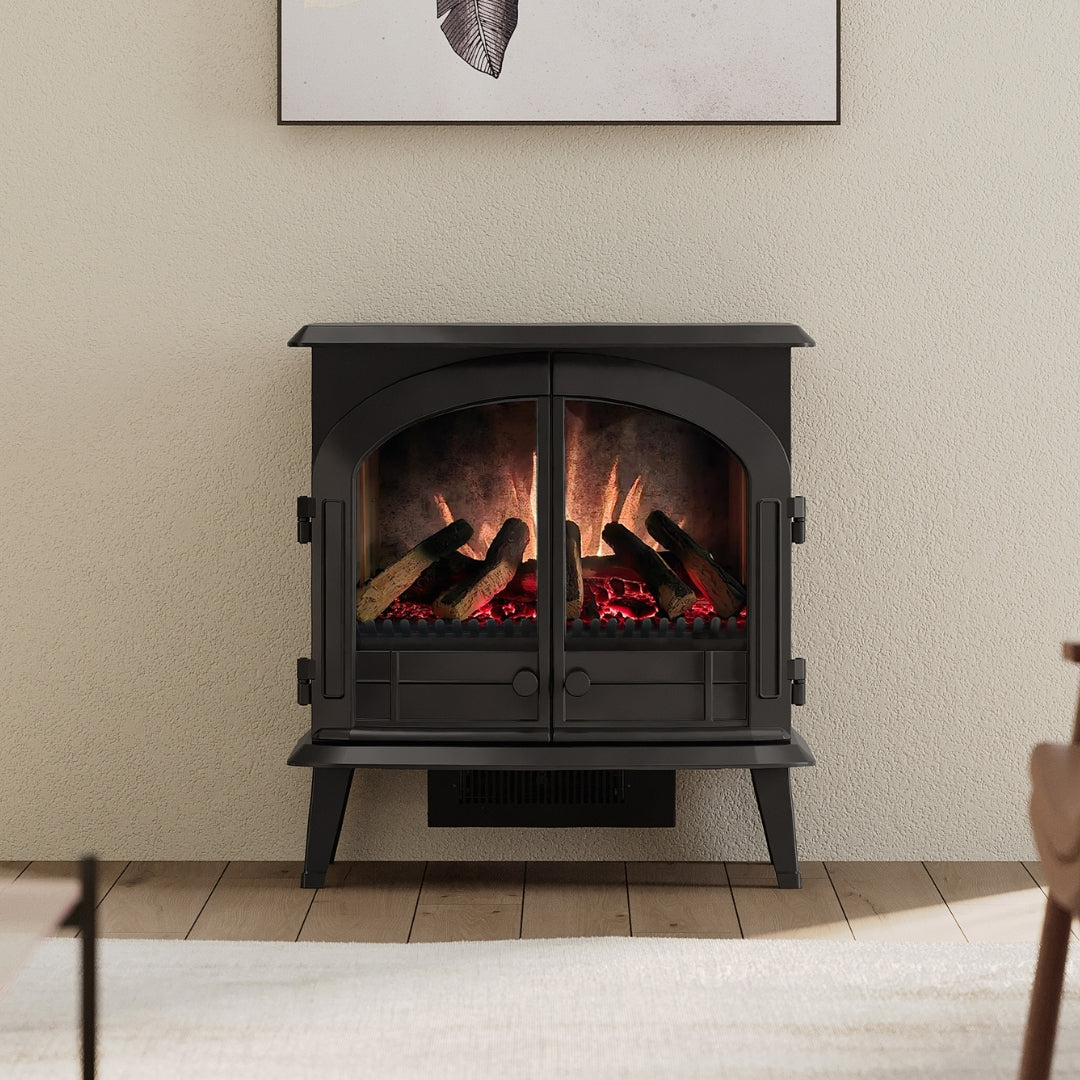 Modern Ember Electric Wood Fireplace Stove close up in living room