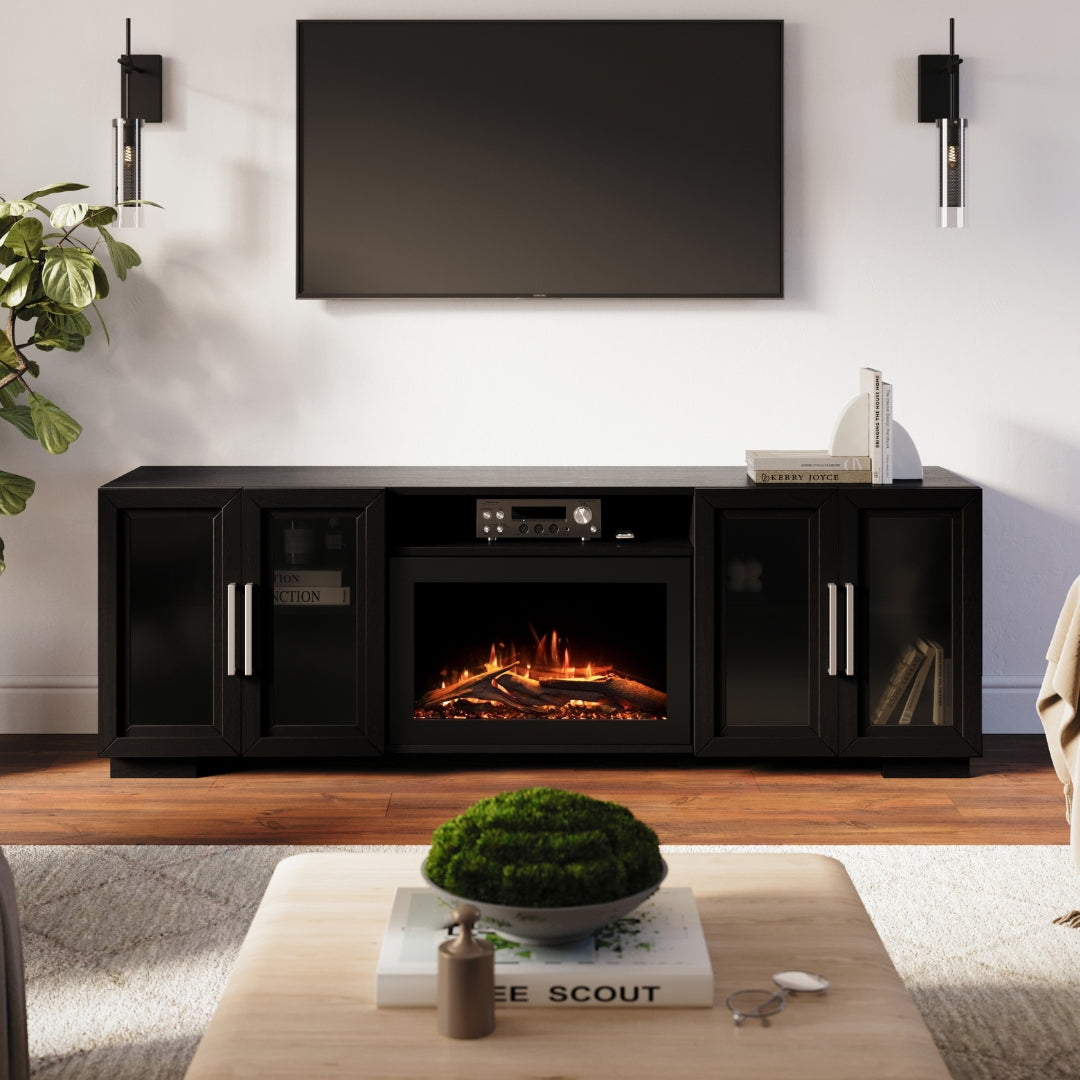 close up of Modem Ember tv stand with electric fireplace in black with modern hardware.