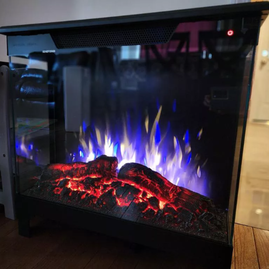 customer image of Modern Ember electric fireplace with glowing ember bed and vibrant multicolor flame effect in blue and yellow, adding ambiance and customizable style to any modern interior.