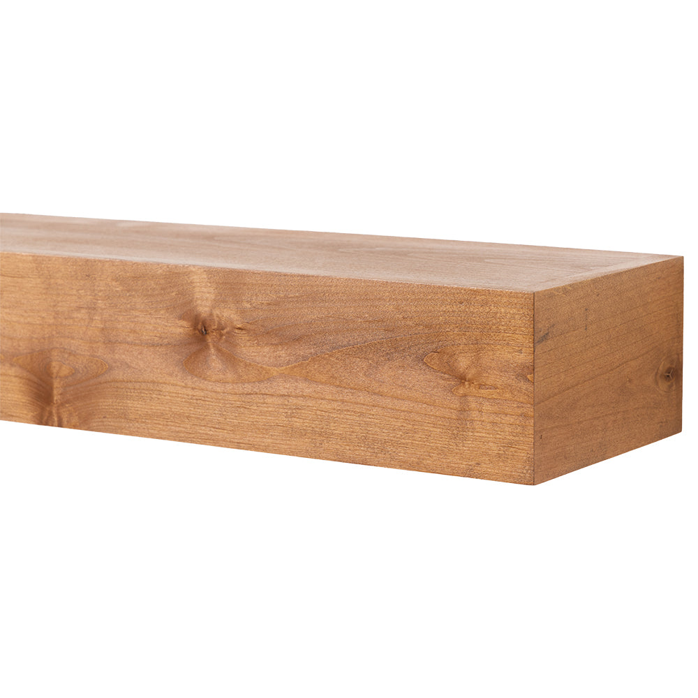 corner of Tipton 72" floating mantel shelf in natural wood with subtle grain and contemporary rectangular profile