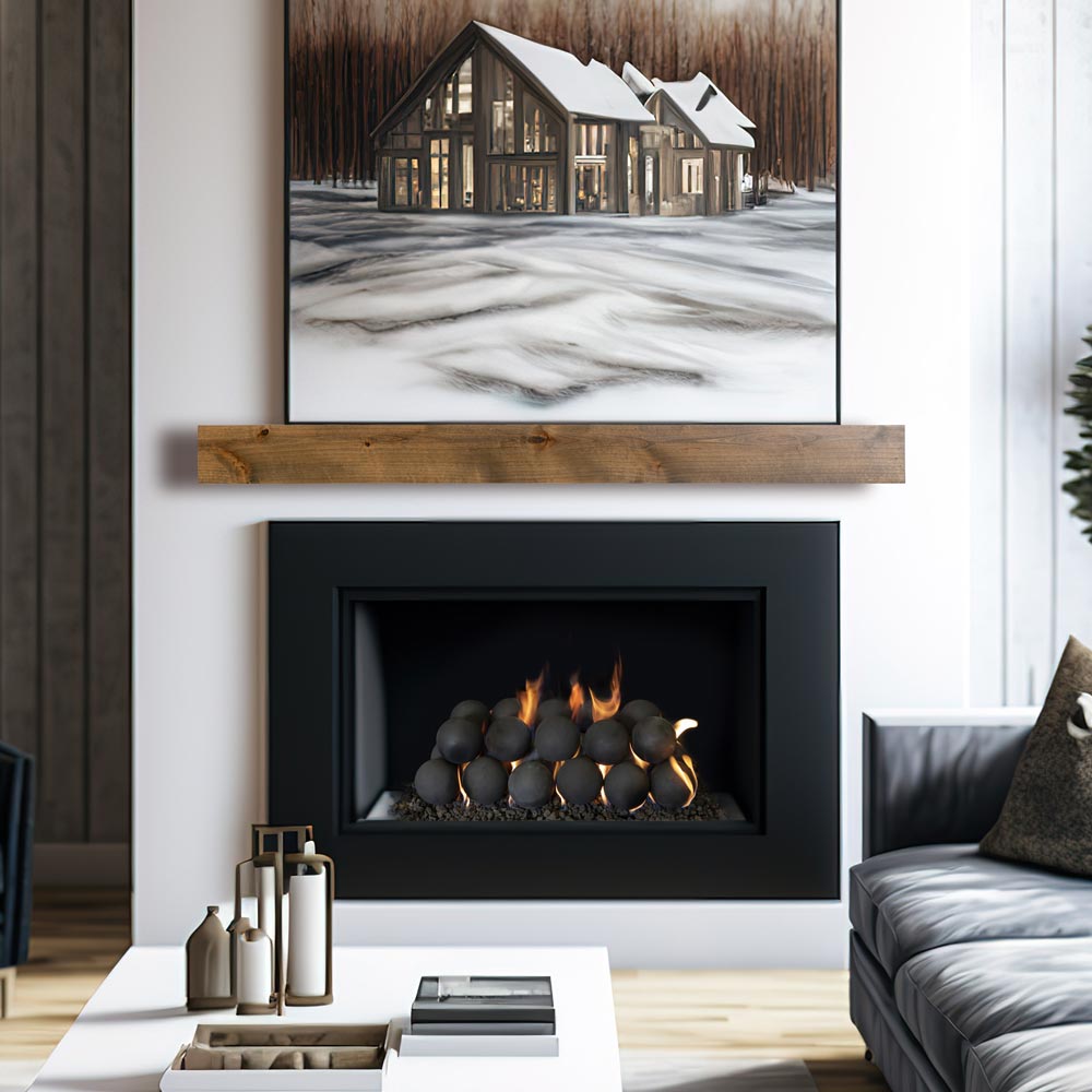 Modern Ember Tipton 72"  floating wood mantel shelf in natural finish styled above black firebox in modern living room.