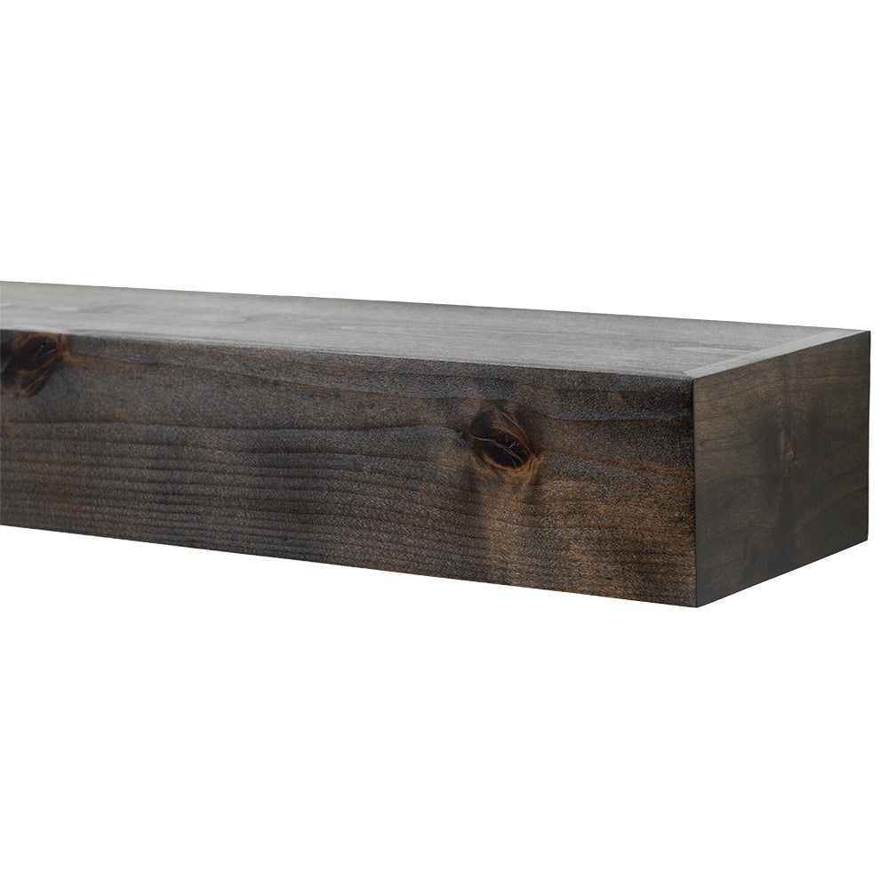 Tipton 72" Wood Mantel Shelf - Ebony Finish Modern Ember floating fireplace mantel shelf in deep rustic wood finish with visible knots and grain texture