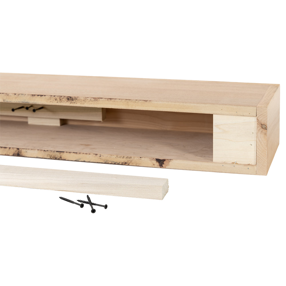Tipton 72" Wood Mantel Shelf Modern Ember floating mantel shelf installation view showing concealed mounting hardware and bracket system.
