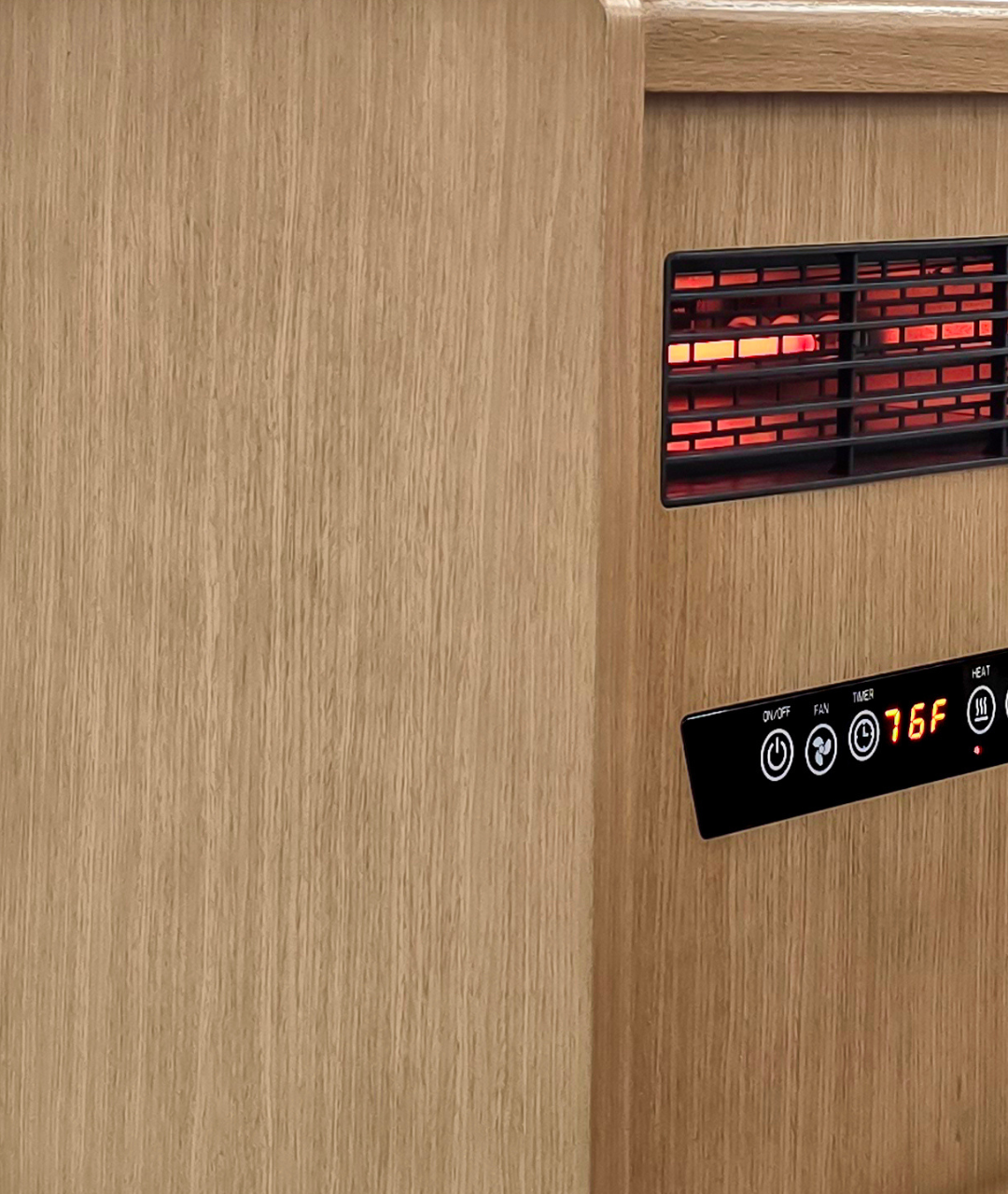 Modern wood-finish electric space heater with digital control panel, adjustable thermostat, and front-facing infrared heating element for efficient and stylish home warmth.