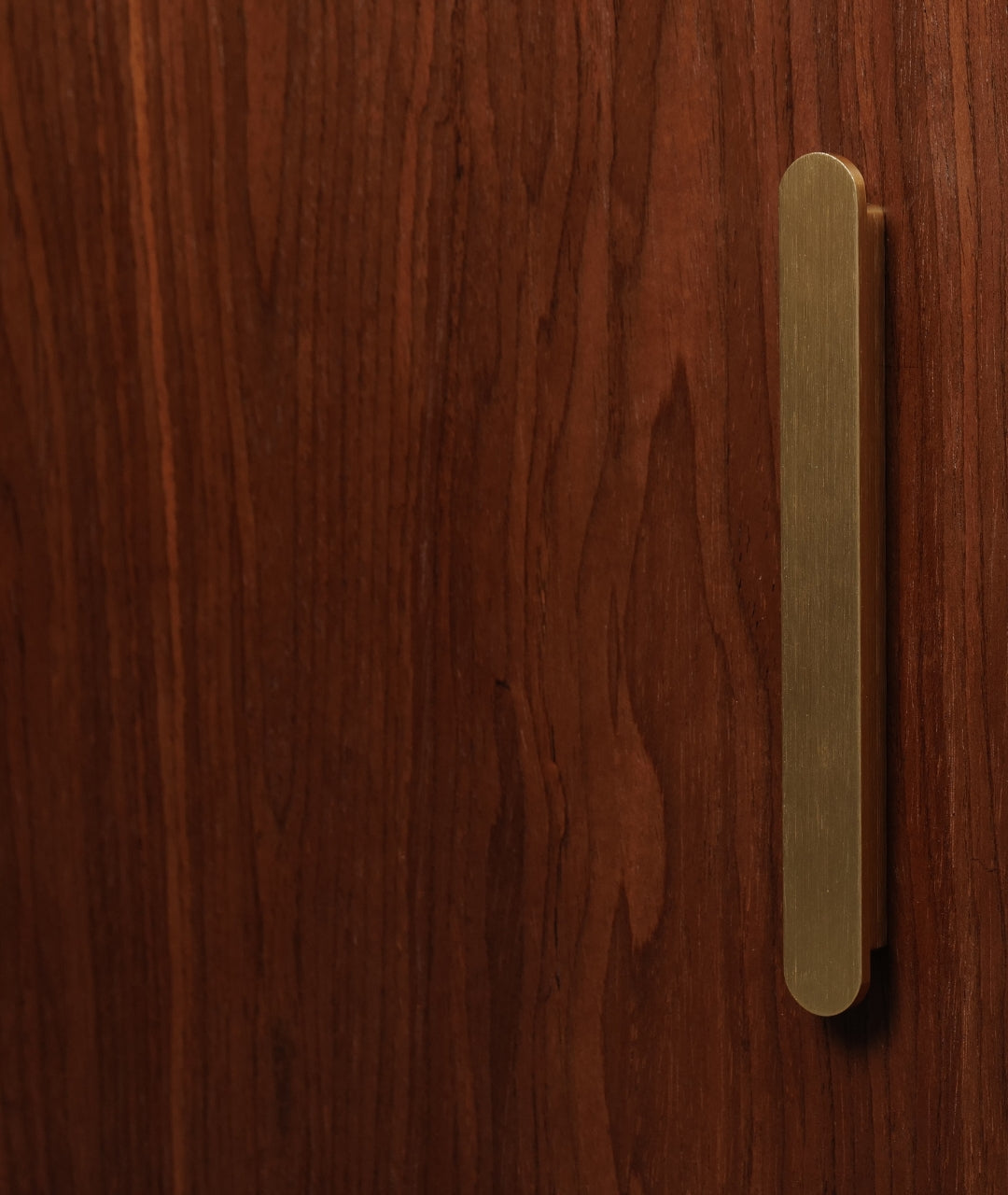 Close-up of Modern Ember walnut cabinet door with brushed brass handle