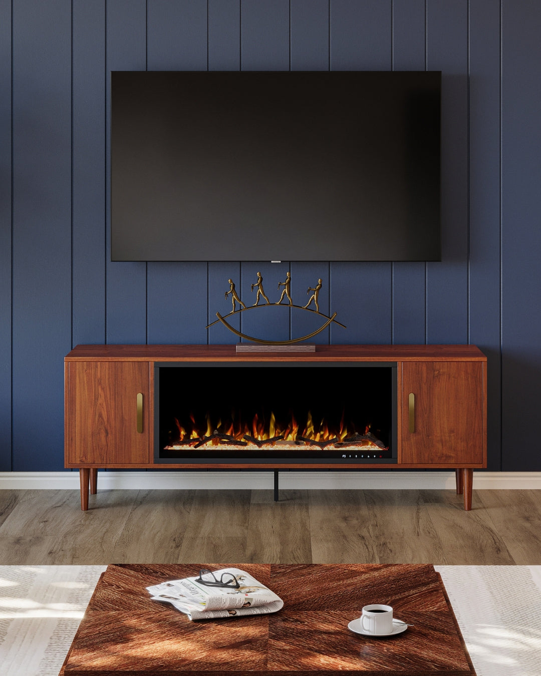 Modern Ember fireplace console in front of navy paneled wall with decorative figurine and wall-mounted TV