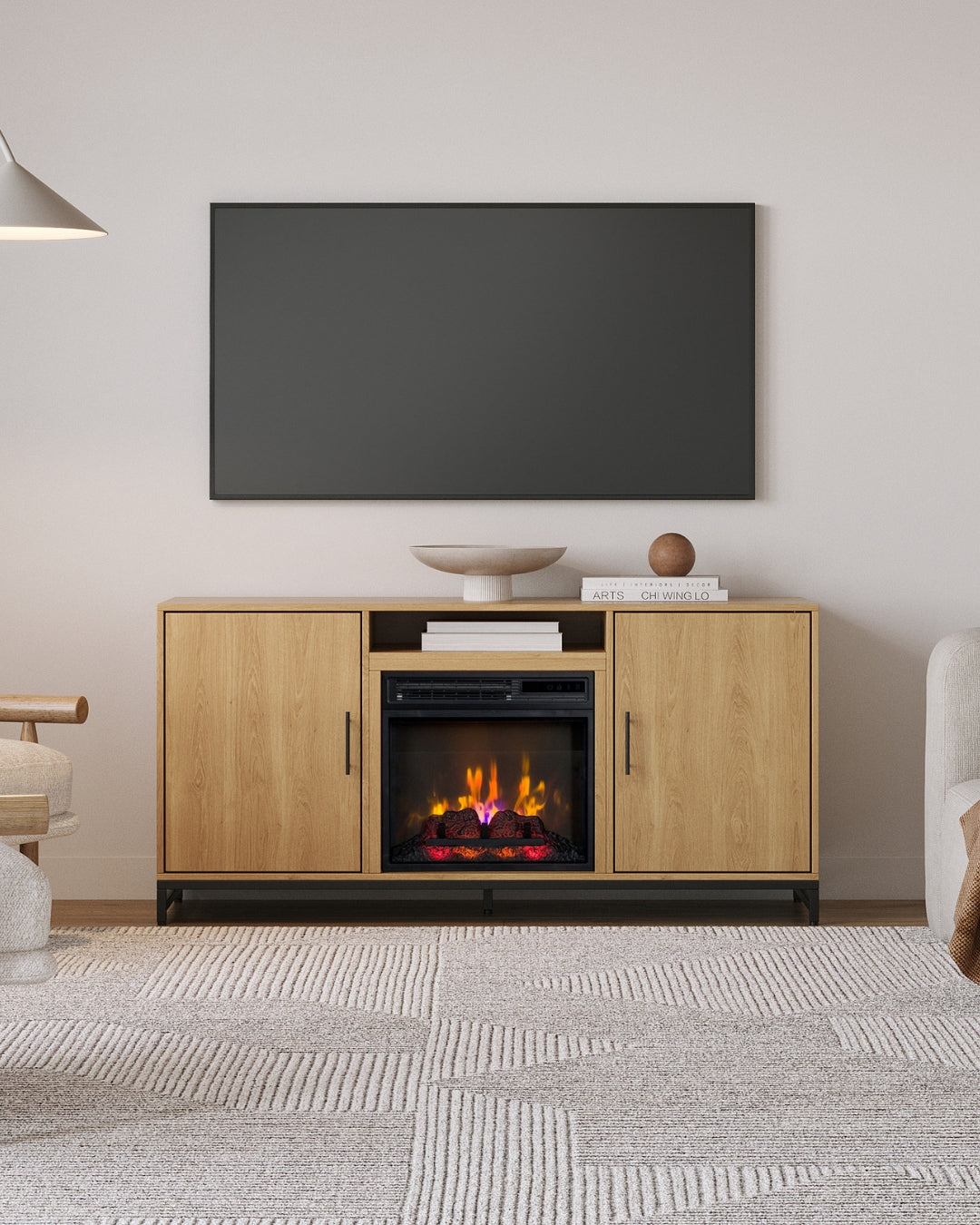 Scandinavian-inspired electric fireplace TV stand with natural wood finish and sleek matte black handles