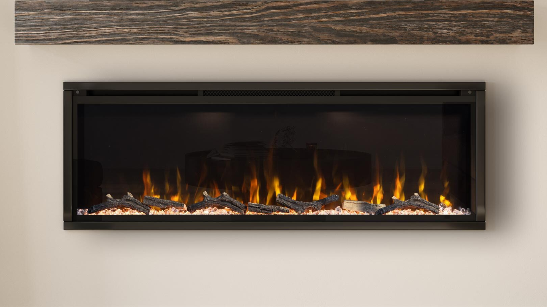Wall-mounted linear electric fireplace with realistic flame effects, ember bed, and decorative logs