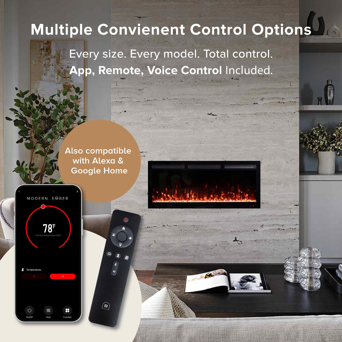 Modern linear electric fireplace mounted on a stone wall in a living room setting, shown with a smartphone app screen and remote control. Text highlights multiple control options and Alexa/Google Home compatibility.