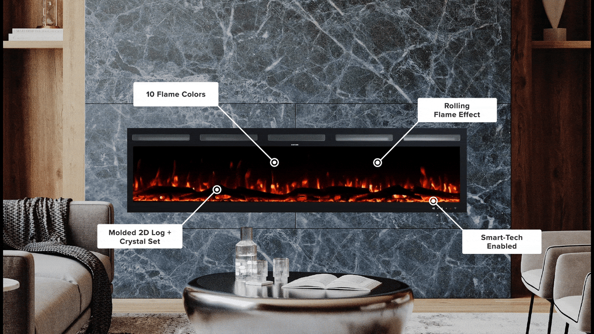 Modern Ember Vibrance Electric fireplace in modern living room featuring labeled highlights: 10 flame colors, rolling flame effect, molded 2D log with crystal set, and smart-tech enabled features—showcasing Modern Ember's advanced fireplace customization and technology.