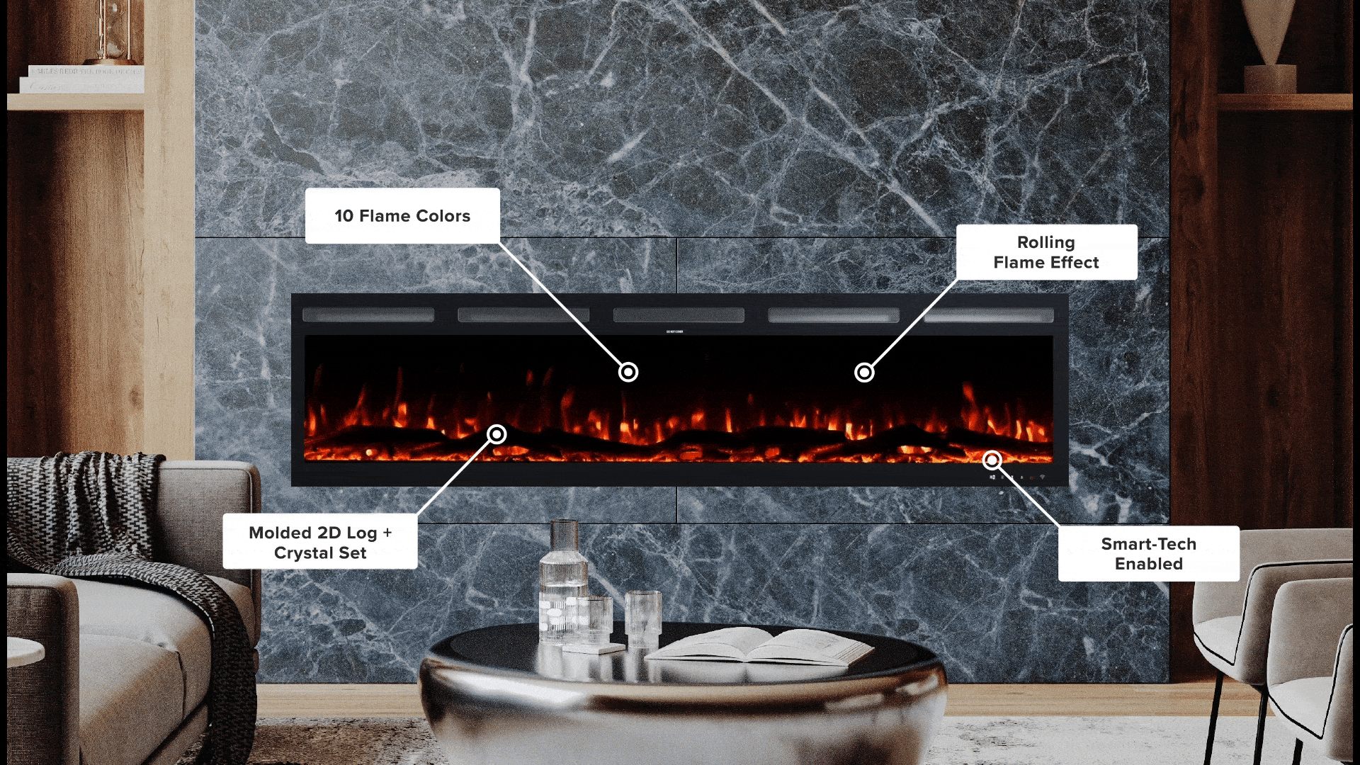Modern Ember Vibrance Electric fireplace in modern living room featuring labeled highlights: 10 flame colors, rolling flame effect, molded 2D log with crystal set, and smart-tech enabled features—showcasing Modern Ember's advanced fireplace customization and technology.