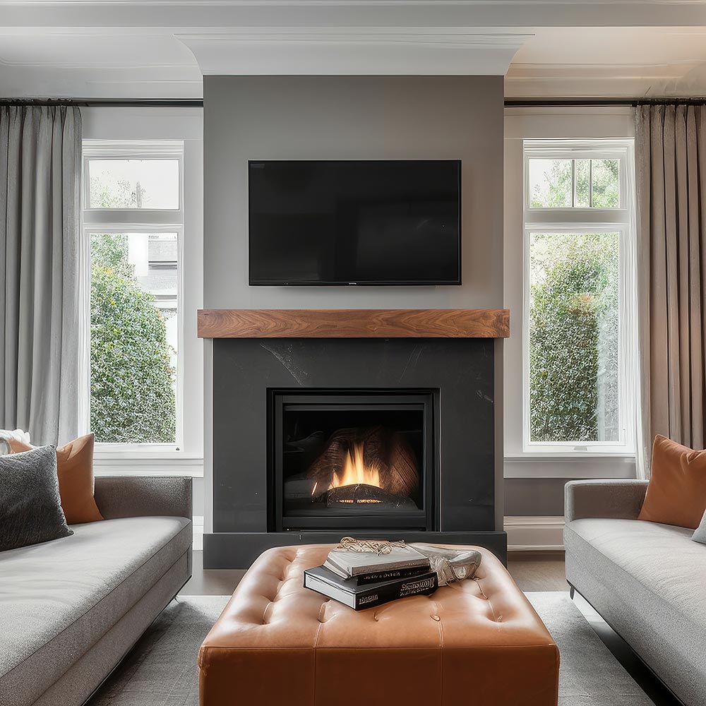 Modern Ember walnut wood fireplace mantel shelf above black firebox with TV mounted above, styled in contemporary living room with gray sofas and leather ottoman.
