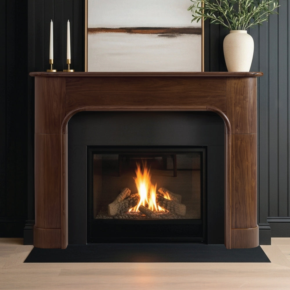 Modern Ember Willow Bend Mantel fireplace Surround in Walnut with sleek black firebox, realistic gas logs, and warm flame, contemporary electric fireplace design for living rooms.