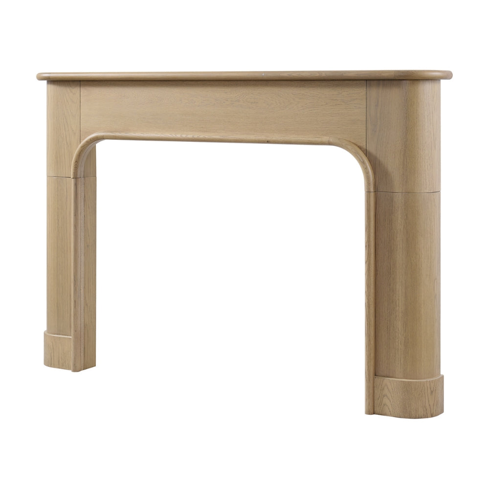 Modern Ember oak fireplace mantel surround with warm medium wood finish, rounded edges, and contemporary style.