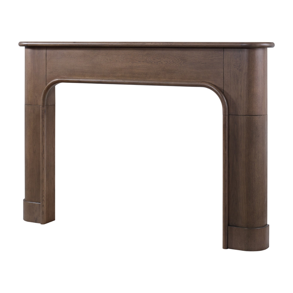 Modern Ember dark oak fireplace mantel surround with deep brown wood finish, rounded corners, and sleek contemporary design.