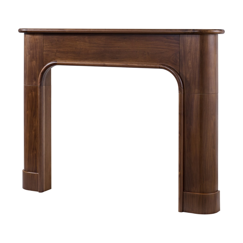Modern Ember walnut fireplace mantel surround with rich wood grain, curved legs, and sleek contemporary profile.