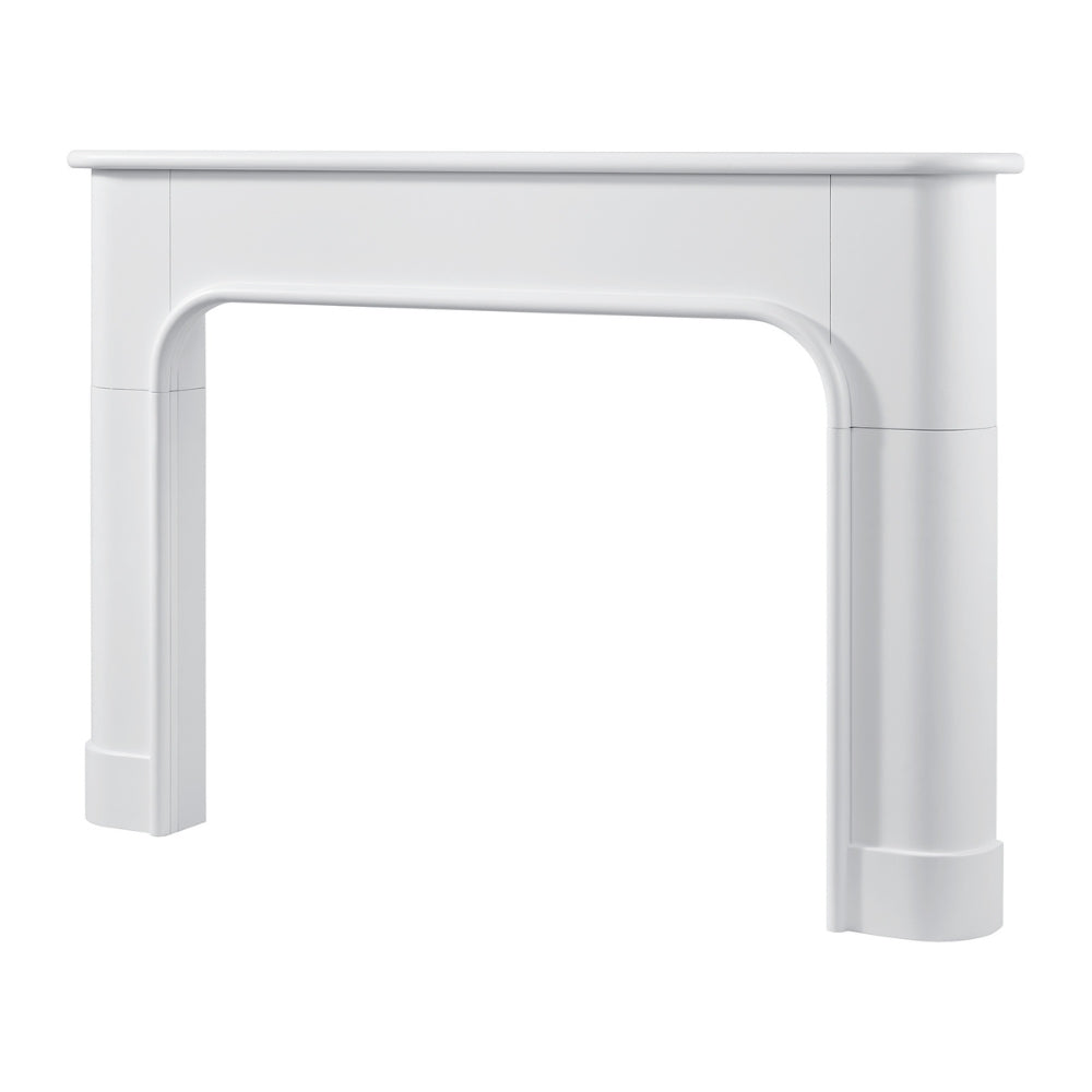 Modern Ember white fireplace mantel surround with smooth contemporary design, durable wood construction, and clean painted finish.
