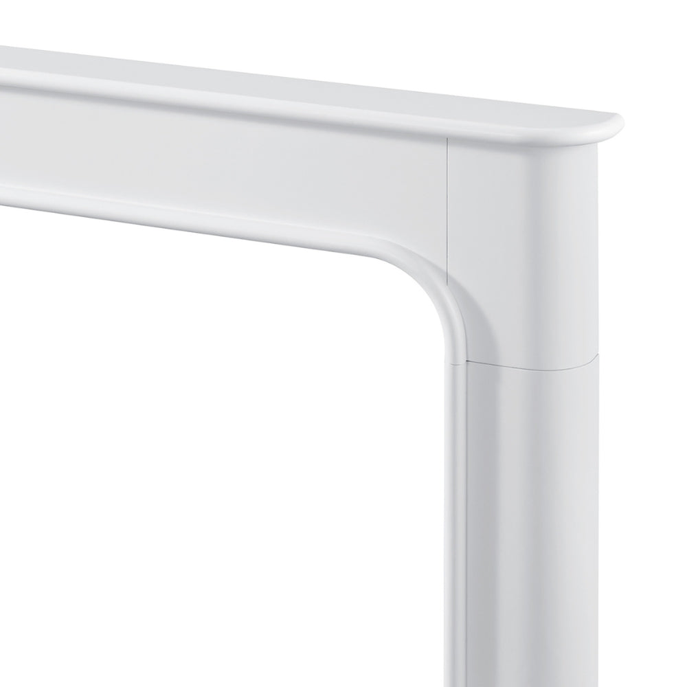 Close-up of Modern Ember white fireplace mantel corner showing smooth painted finish, rounded edge, and contemporary design detail.