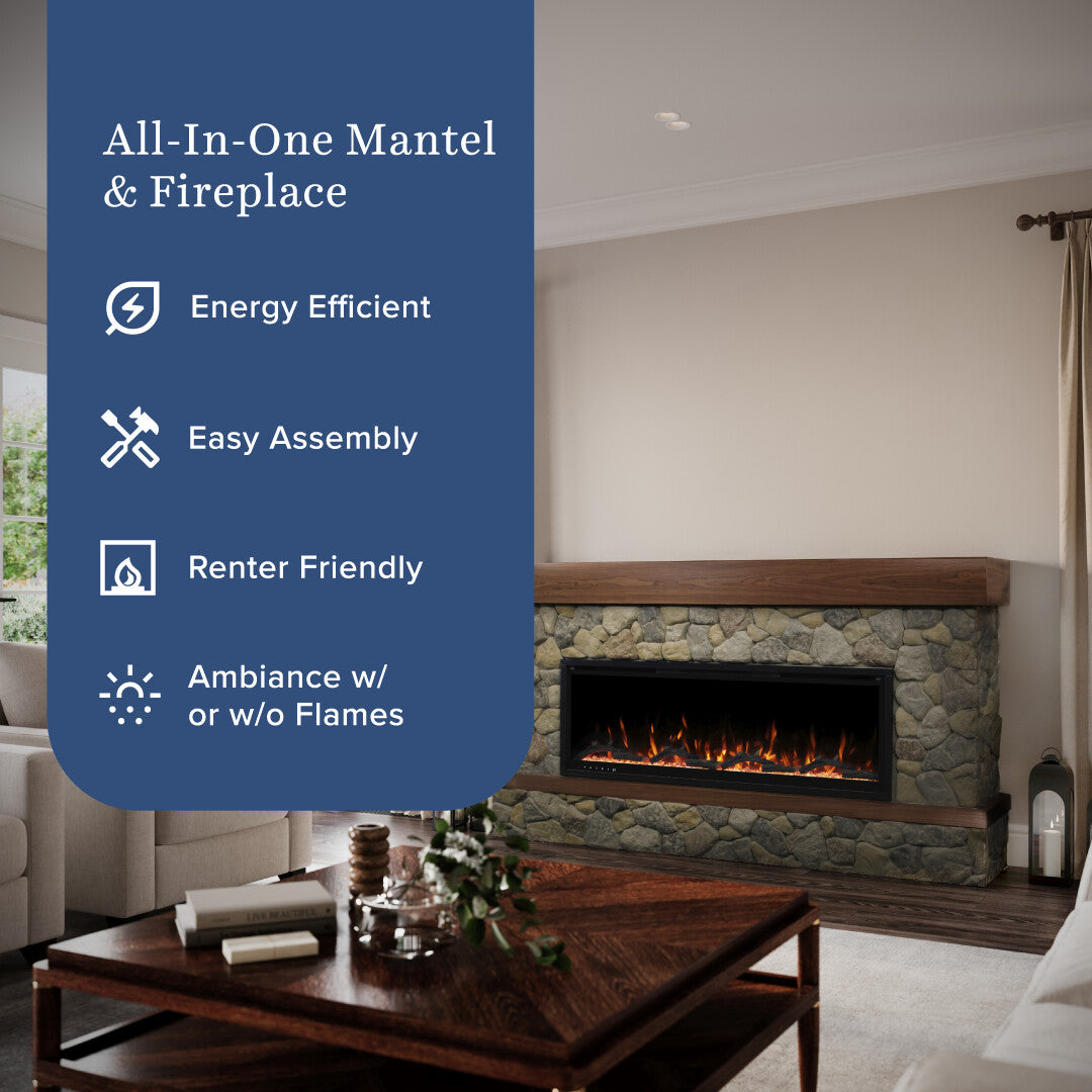 An all-in-one mantel and fireplace unit shown installed in a living room setting, with a large blue text panel on the left highlighting features like energy efficiency, easy assembly, renter friendliness, and flame options.