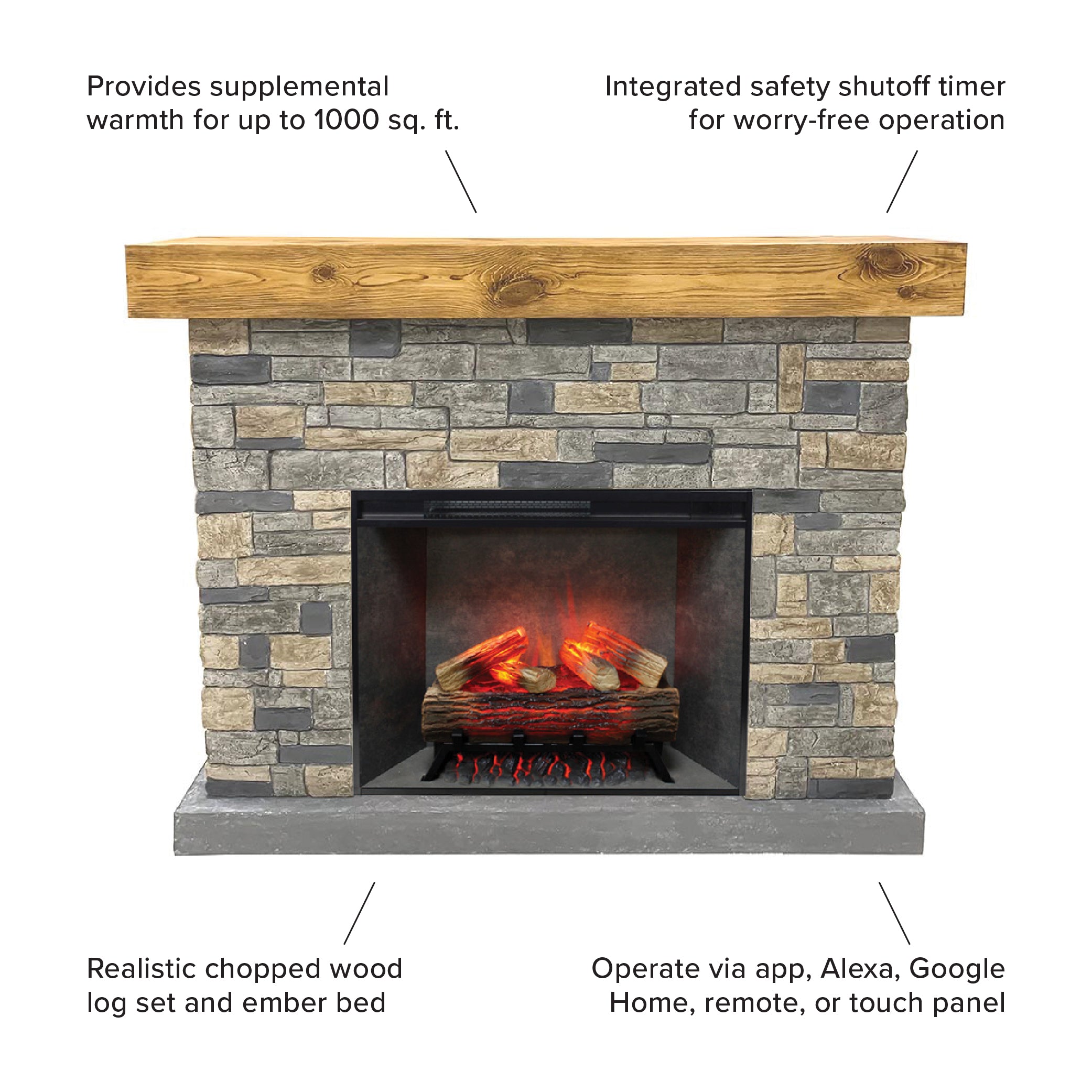 Straight-on view of the Dixson Stone Fireplace with the 28" smart-tech firebox insert lit up. Showing supplemental warmth for 1000 sg. ft, safety shutoff timer, realistic chopped wood and smart features.