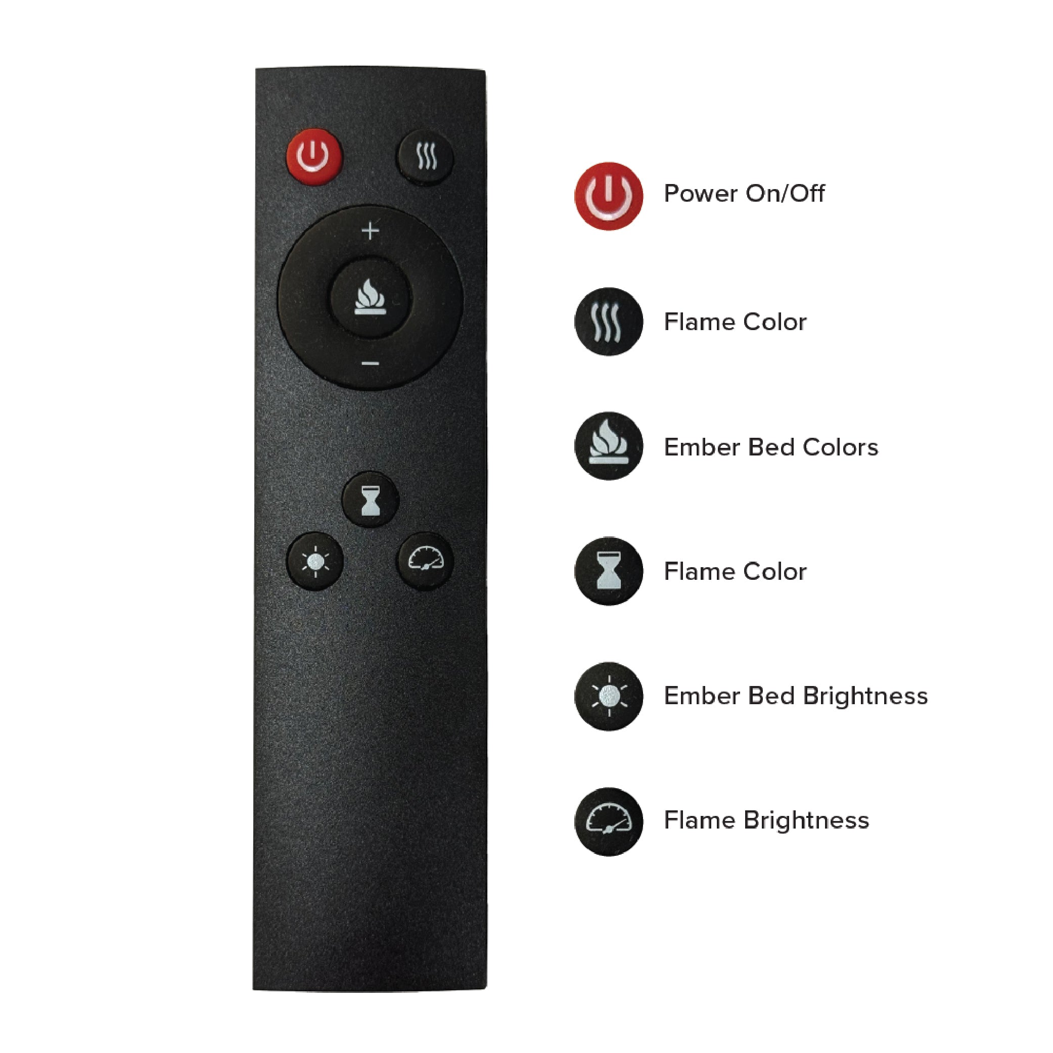 Full layout of the remote control for the 28" firebox, showing buttons for flame and ember colors, independent flame/heat operation and temperature.