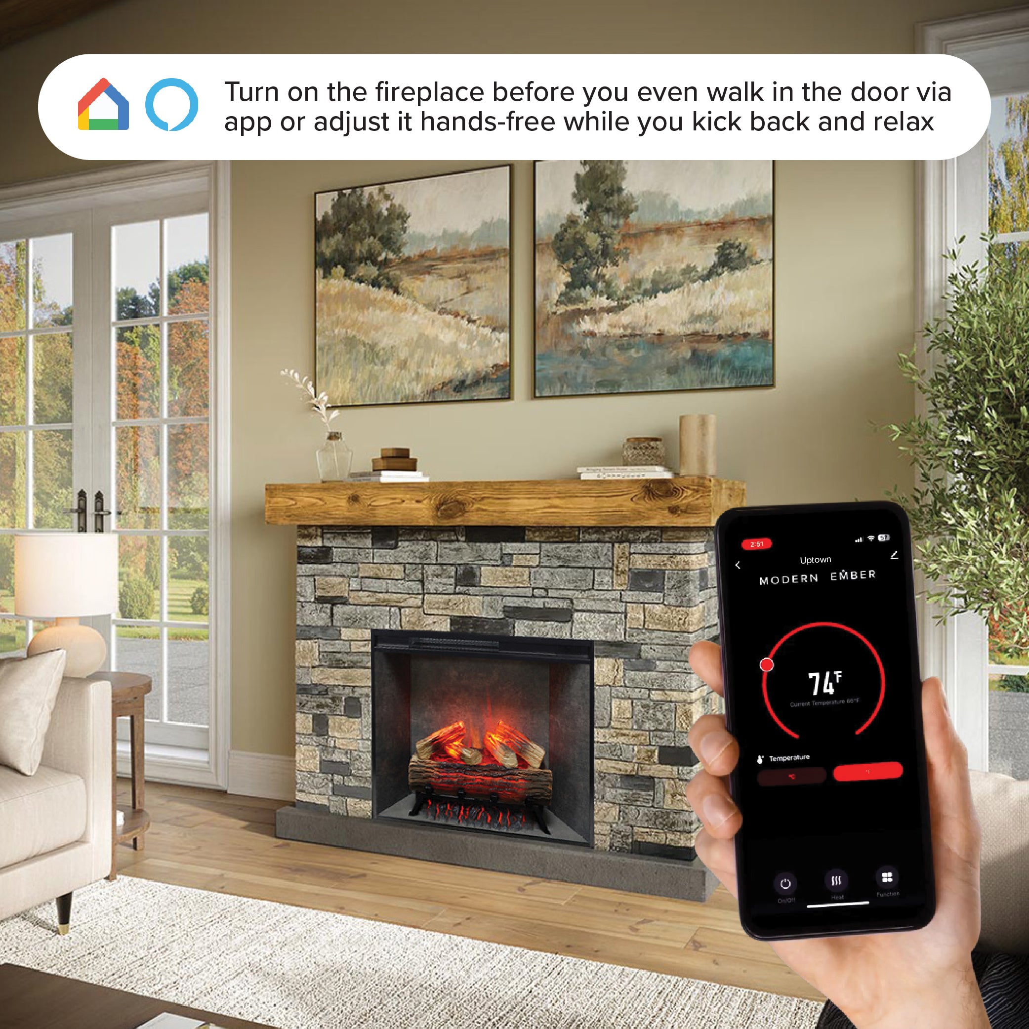 Smartphone screen showing the firebox app control interface next to the Dixson Mantel.