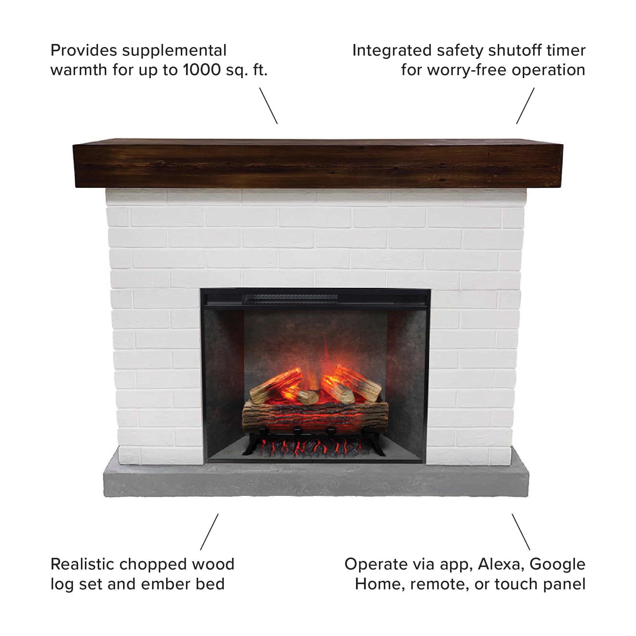 Jackson White Brick Fireplace Mantel with a lit 28" firebox insert, showing the full white faux brick surround and real wood walnut top.