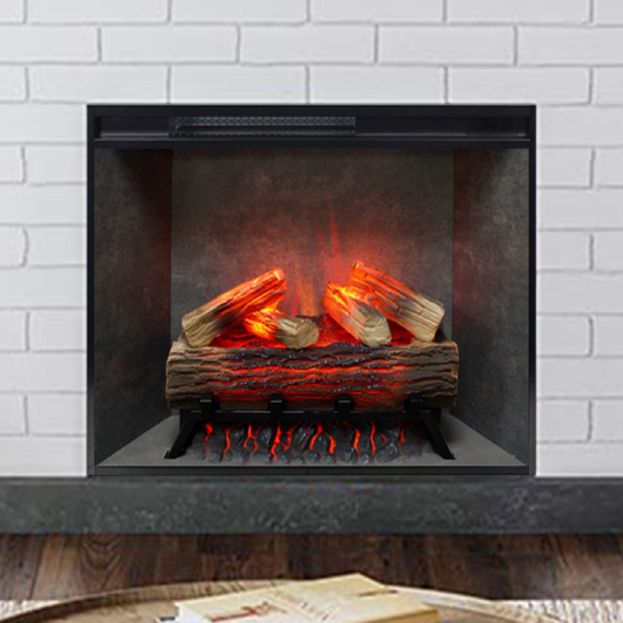 Straight-on view of the 28-inch smart fireplace insert with the realistic log set and flickering flames.
