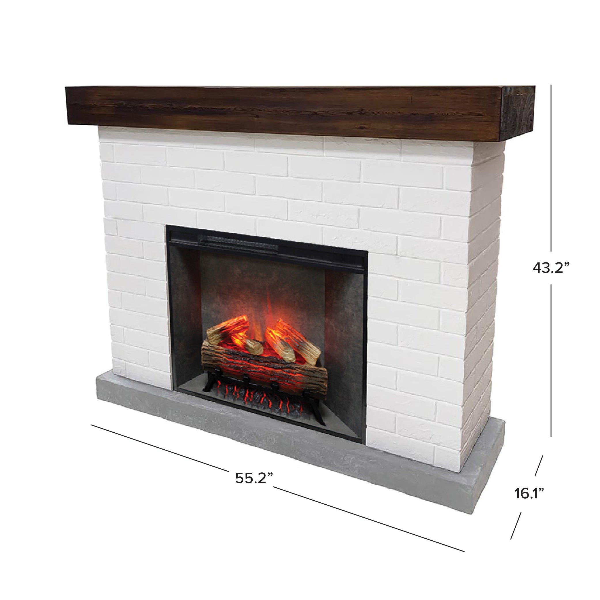 Angled view diagram of the Jackson White Brick Fireplace Mantel and 28" firebox, illustrating the depth and height dimensions.