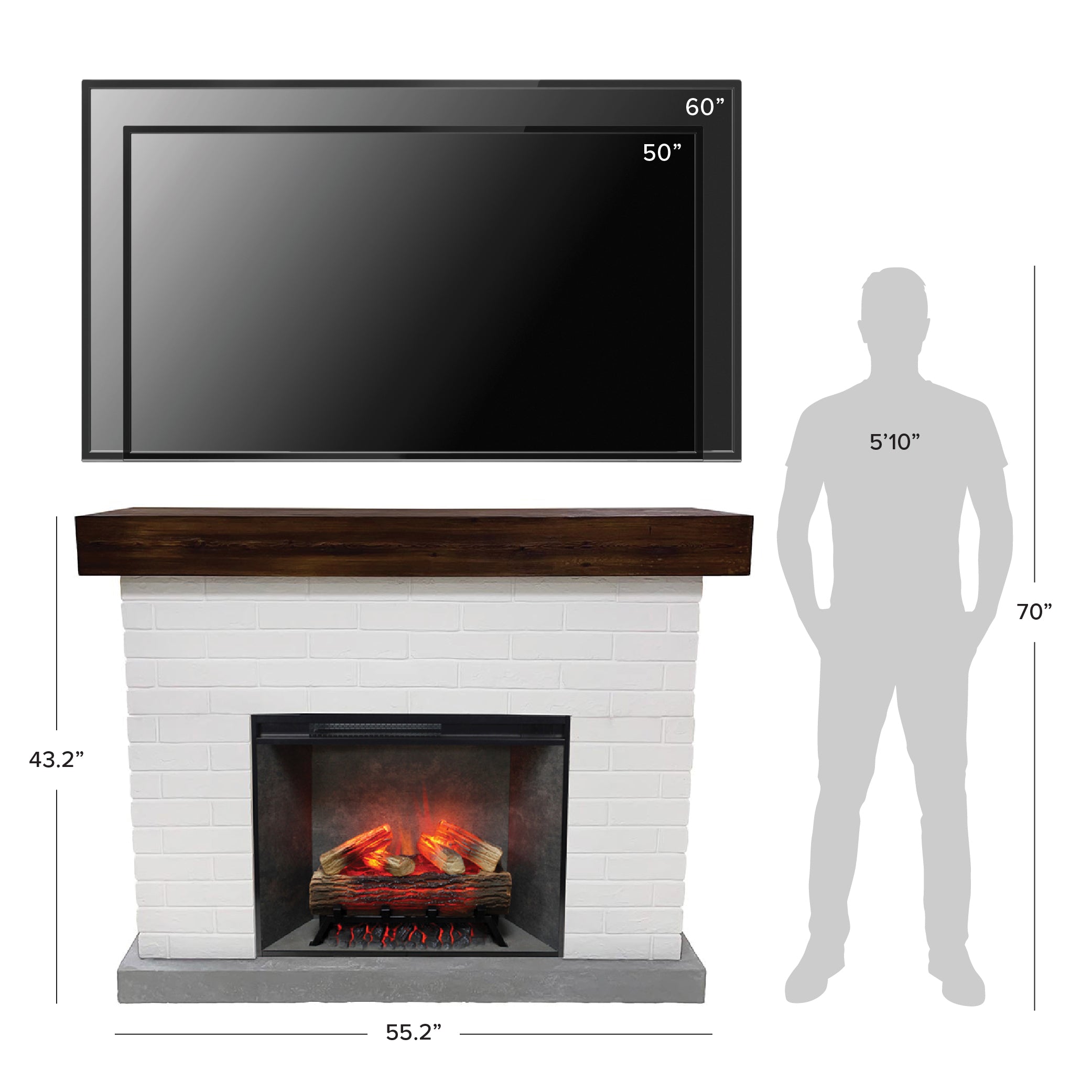 Diagram showing the Jackson White Brick Mantel next to a human figure, illustrating the product's overall dimensions and scale.