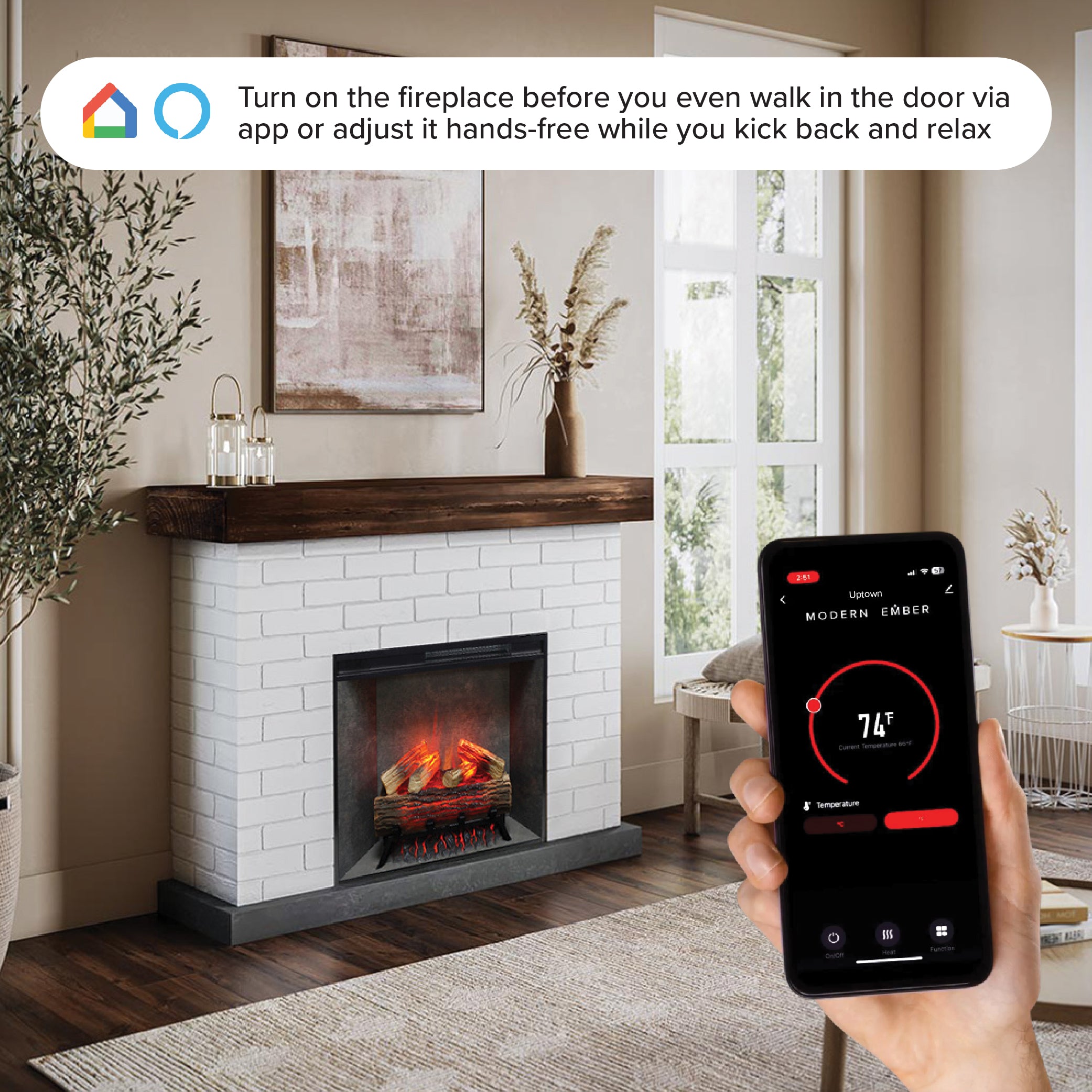 Smartphone screen showing the firebox app control interface, used to adjust the 28" smart fireplace insert settings.