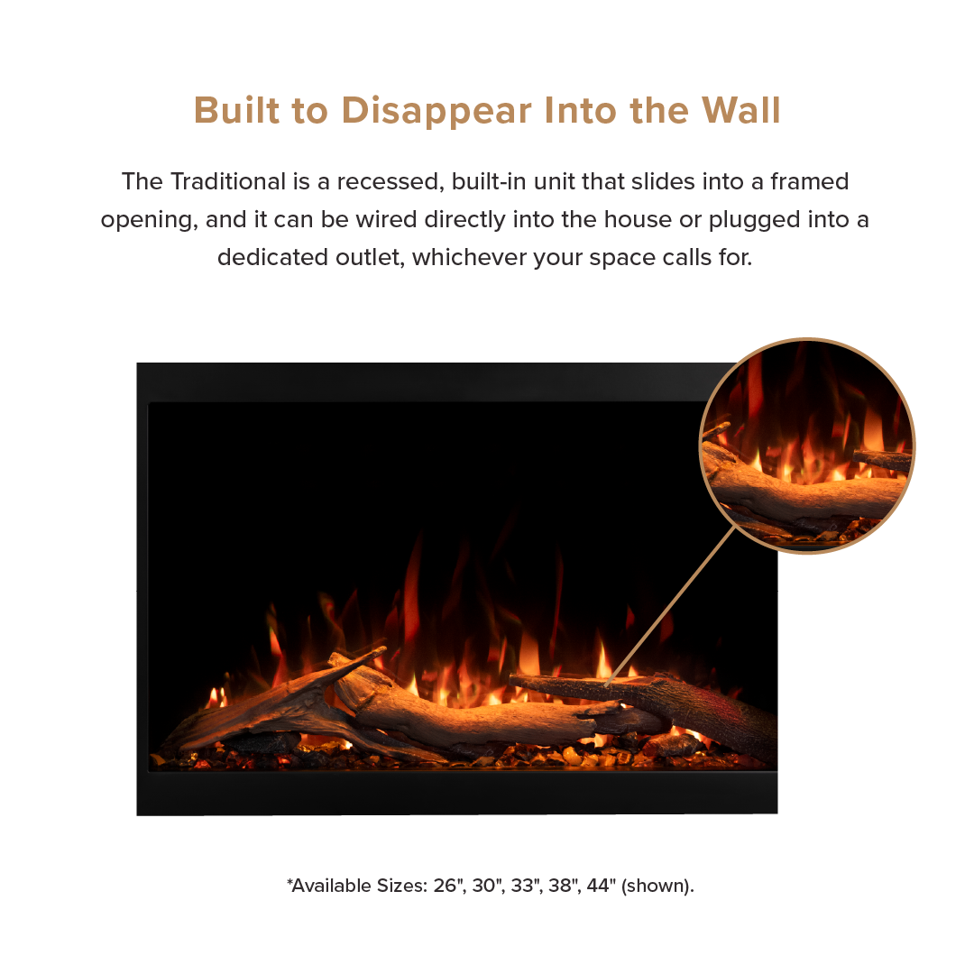 A product informational graphic for an electric fireplace. The image features a Highmark Tradational fireplace insert with glowing orange and yellow flames and logs, accompanied by a circular inset showing the fire logs up close.