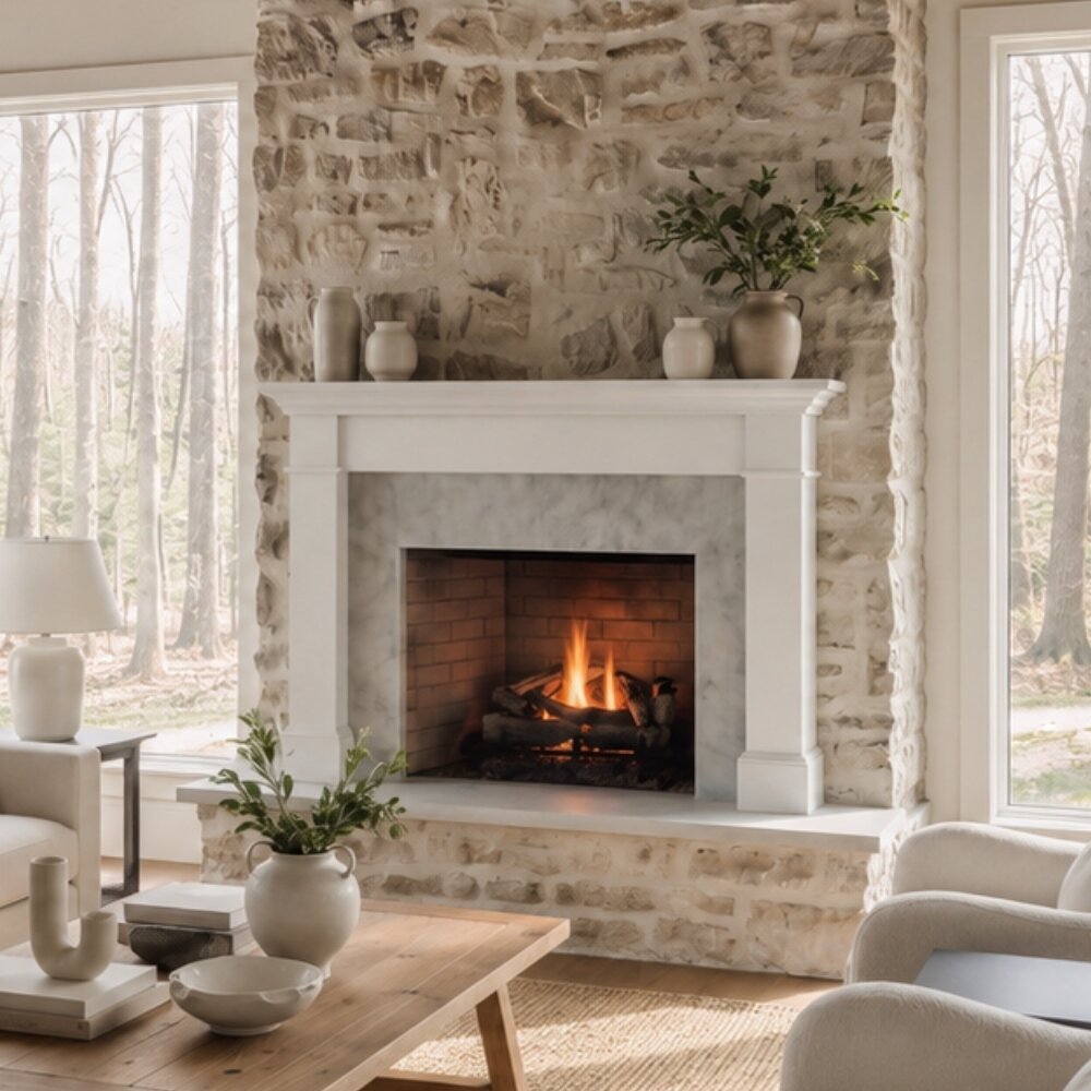 A white fireplace mantel and surround set in a rustic stone wall, with a warm fire burning inside. The scene is styled in a bright living room with a wooden coffee table, ceramic vases, and comfortable armchairs, with large windows showing a wooded background.