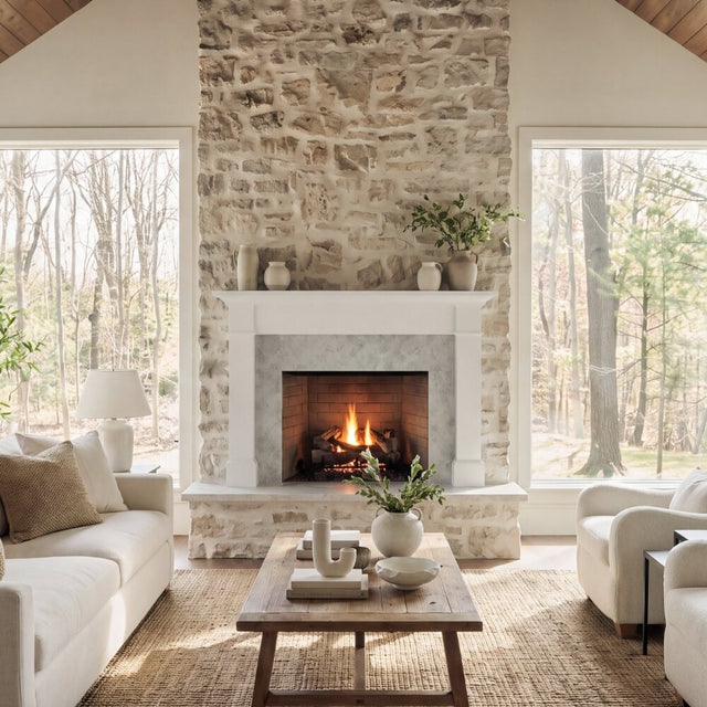 A rustic stone fireplace with a white mantel and firebox, set in a bright living room with a wood coffee table, white sofas, and large windows overlooking a wooded outdoor scene.