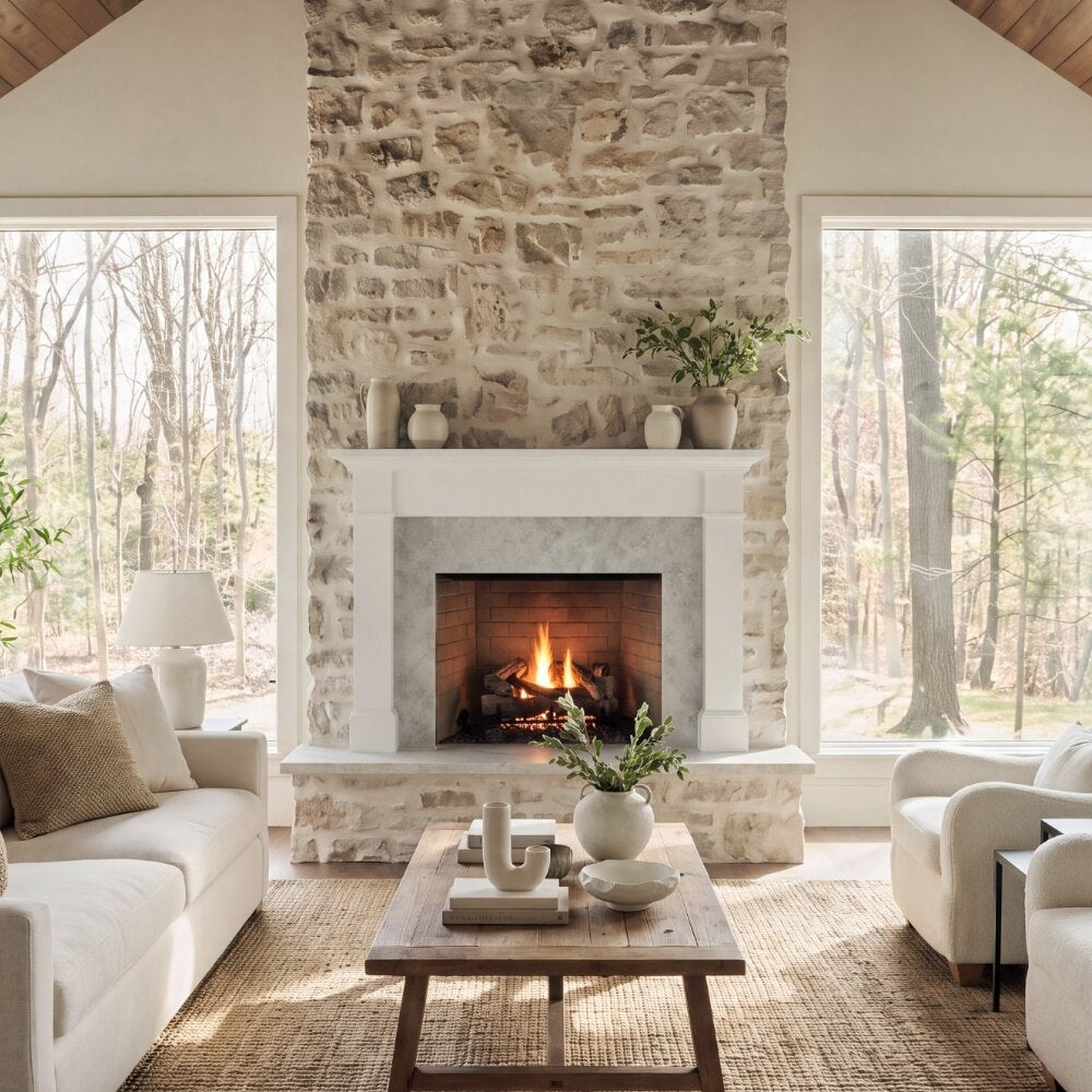 A rustic stone fireplace with a white mantel and firebox, set in a bright living room with a wood coffee table, white sofas, and large windows overlooking a wooded outdoor scene.