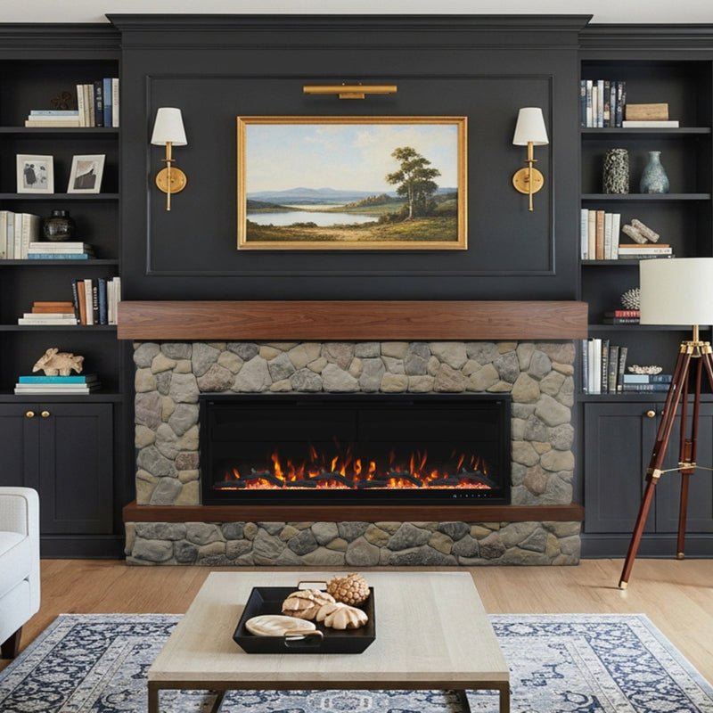Country Living Brookstone fireplace with mantel in traditional living room.