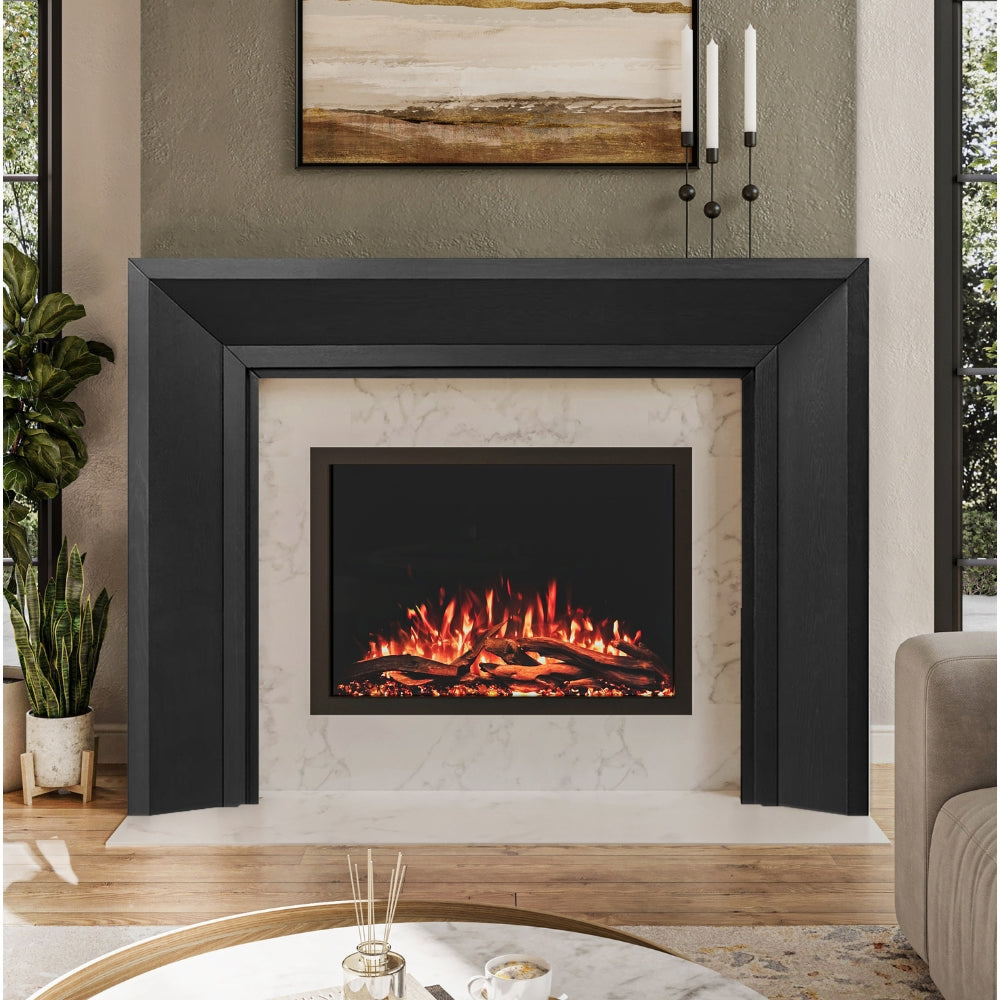 Everly Mantel Surround in sable wood finish, installed around an electric fireplace, highlighting its clean lines and modern transitional style.