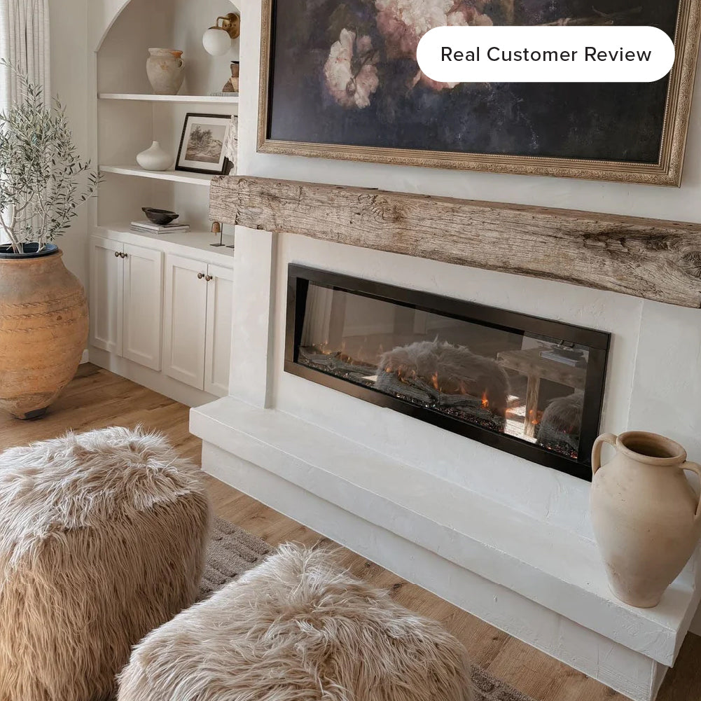 Highmark Built-In Electric Fireplace installed seamlessly into a white wall, showing its ultra-slim frame and wide horizontal design.