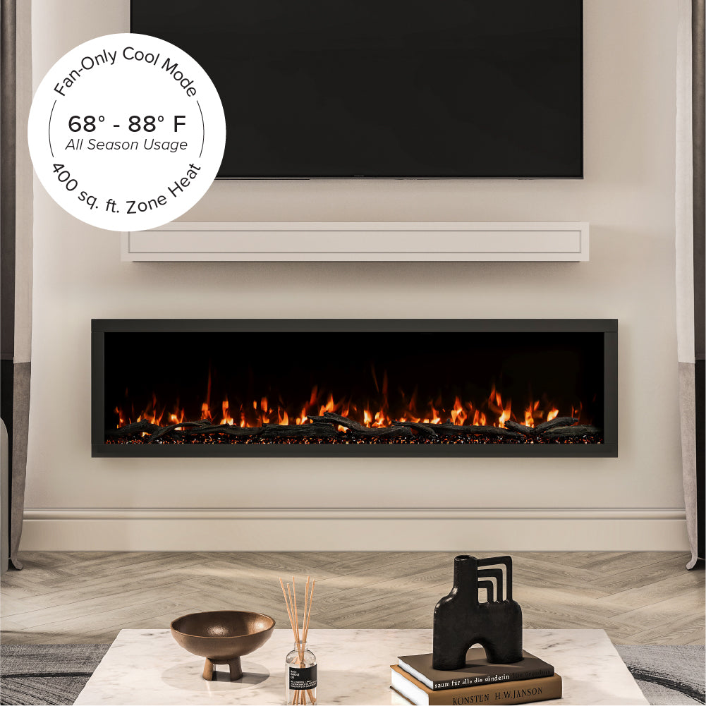 Close-up of the Highmark fireplace's intense orange and yellow flames, demonstrating the realistic, ultra-wide flame display and dan only colld mode for all season usage.