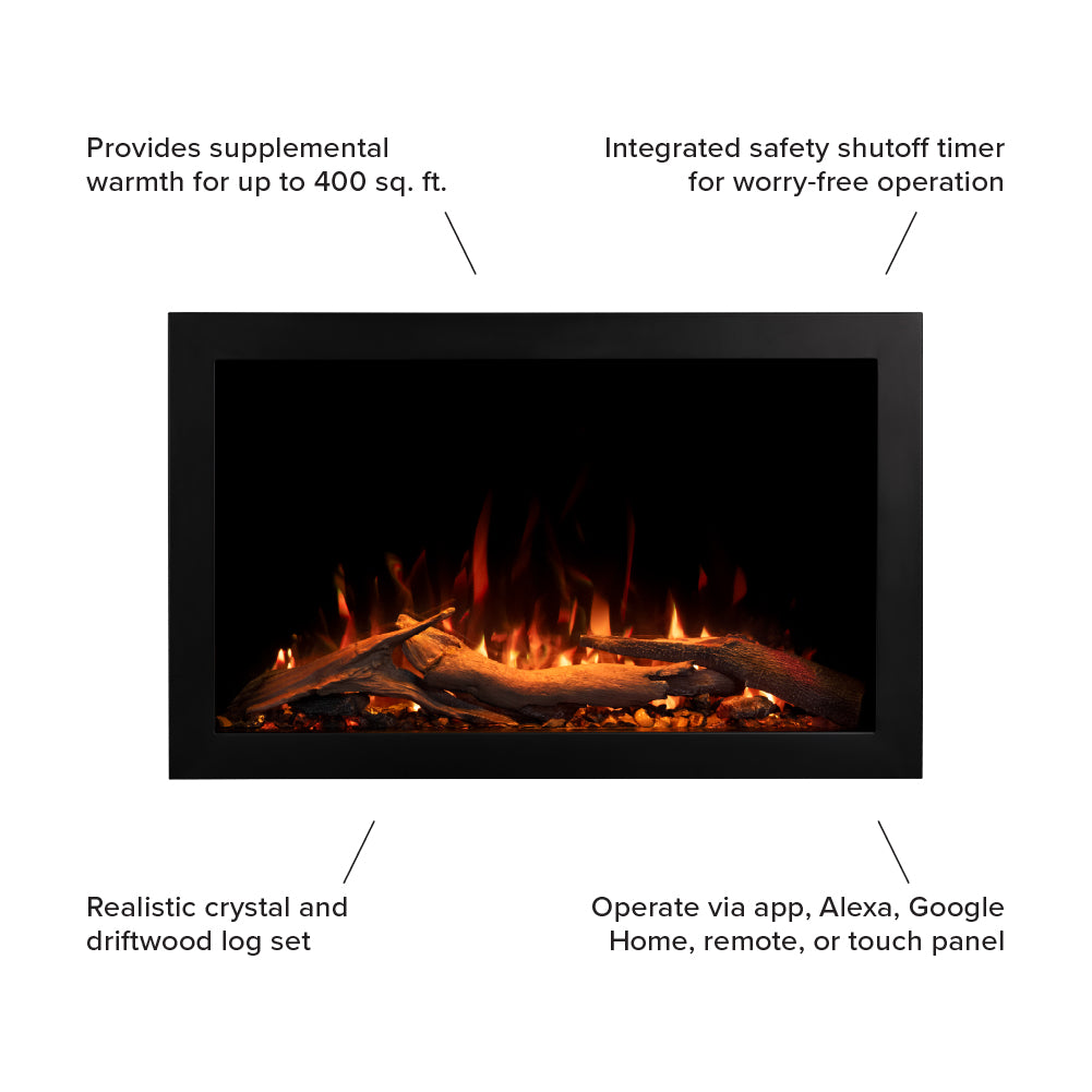 Highmark Traditional Fireplace with flames, showcasing the deep firebox, supplemental heat, shutoff timer, realistic crystal and log set, and smart features.