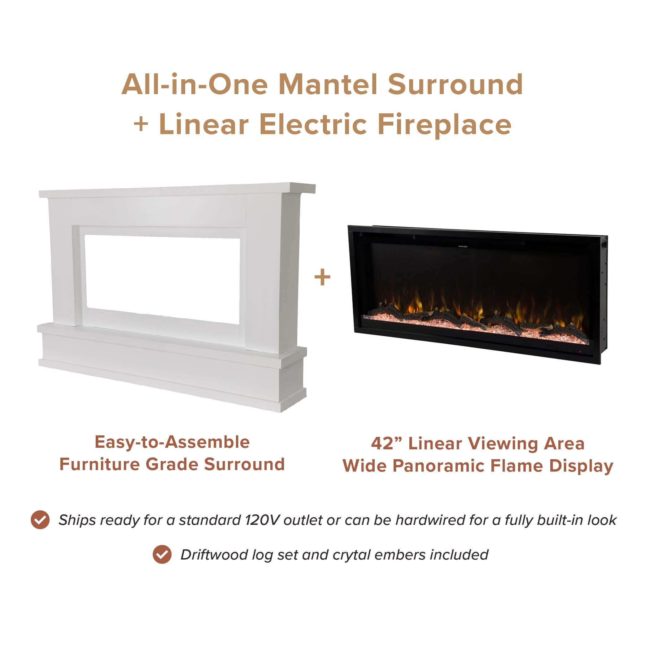 White mantel surround shown next to a black linear electric fireplace with flame effect, on a white background with text describing the all-in-one fireplace package and included features.