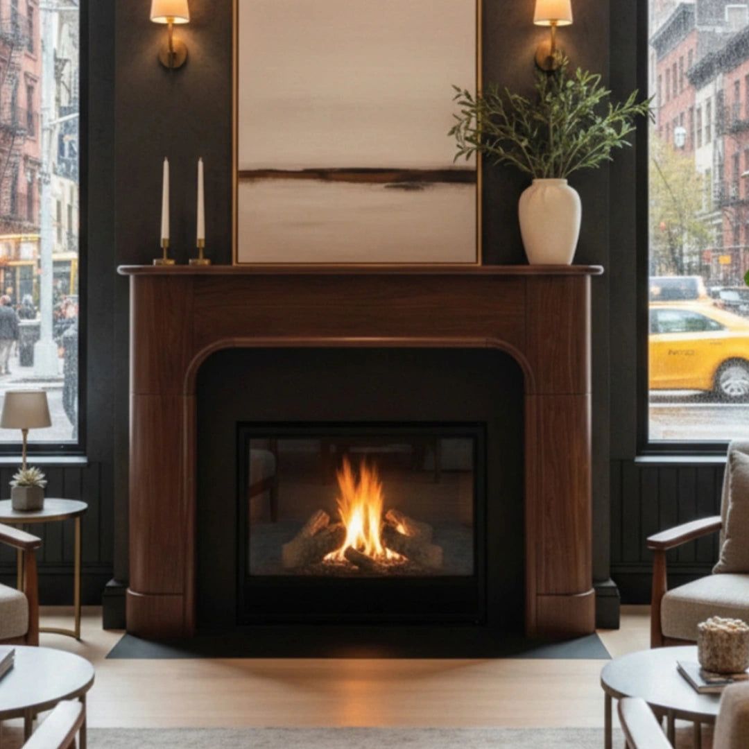 A modern gas fireplace with a dark wood Willow Bend mantel and black firebox insert, styled in a cozy living room setting with a vase of greenery, wall sconces, and city windows in the background.
