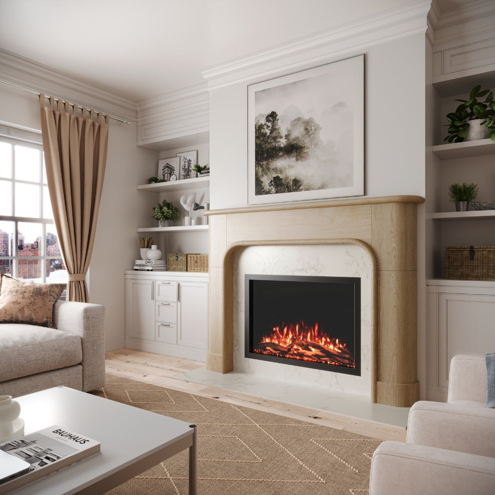 Modern Ember Willow Bend Mantel fireplace Surround in Blonde with sleek black firebox, realistic gas logs, and warm flame, contemporary electric fireplace design for living rooms.