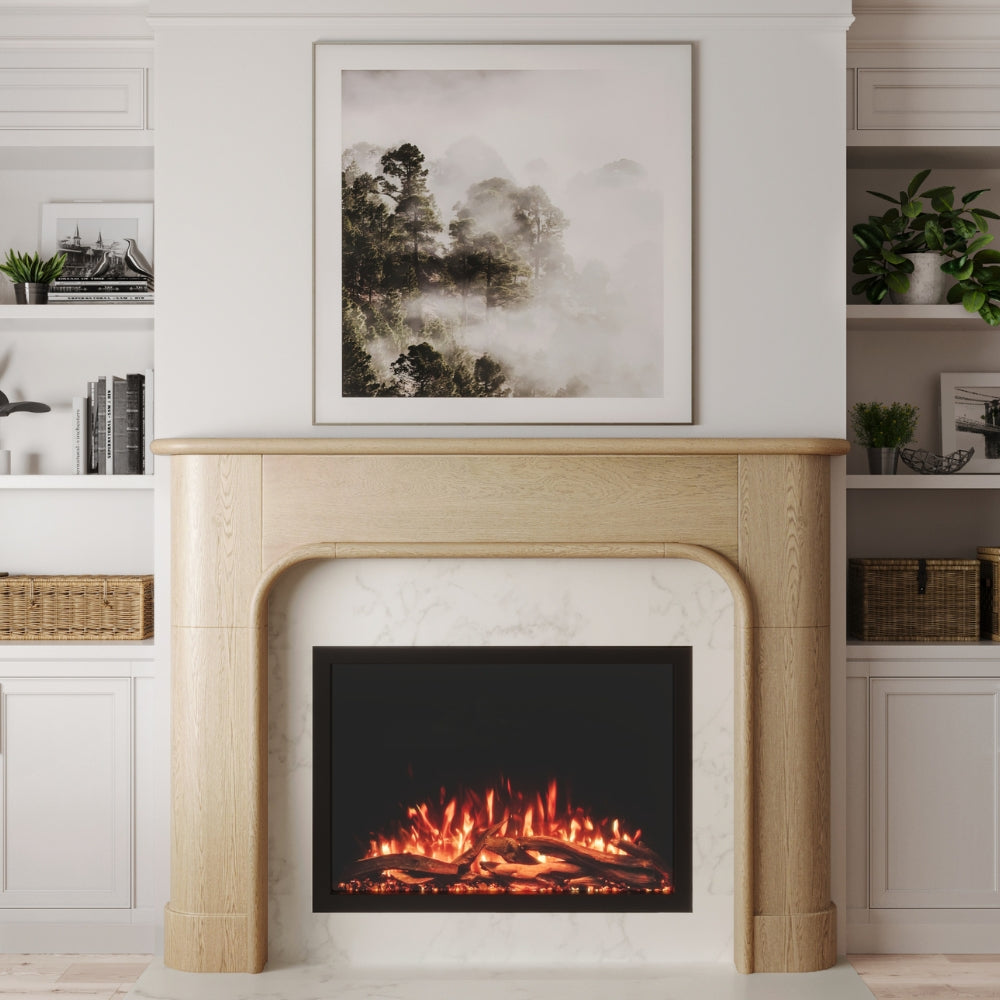 Modern Ember Willow Bend Mantel fireplace Surround in Blonde with sleek black firebox, realistic gas logs, and flame, contemporary electric fireplace design for modern living rooms.