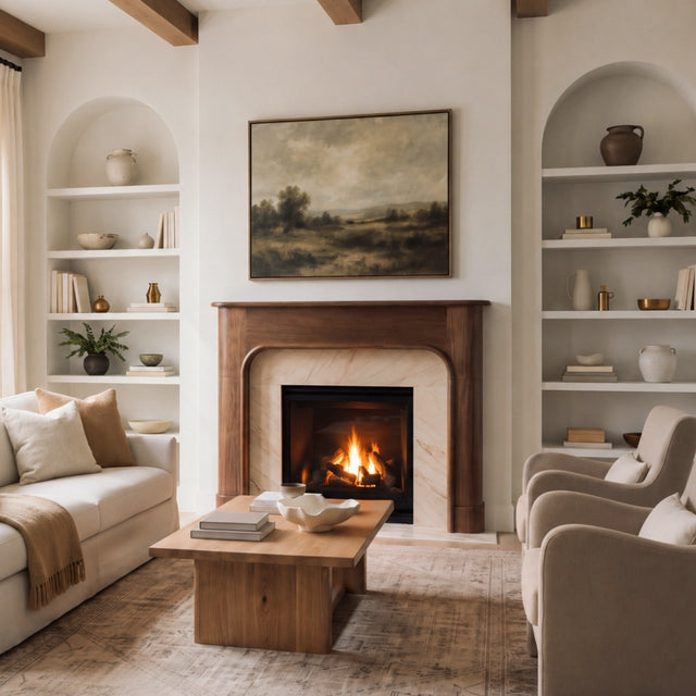 A cozy living room with a fireplace as the focal point, featuring a dark wood mantel, a burning fire, a framed landscape painting above, a light wood coffee table, a cream sofa, and built-in arched shelves with decorative items.